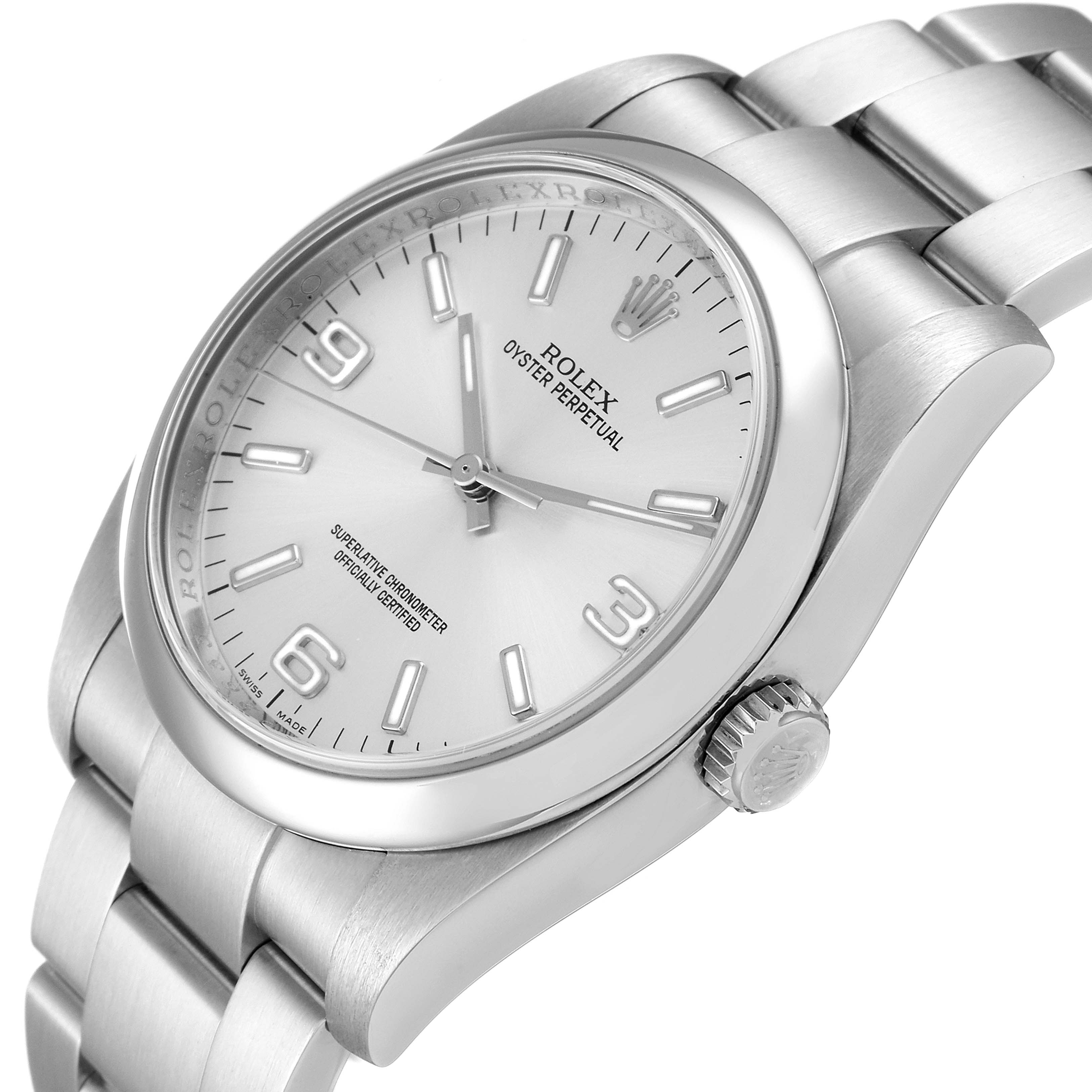 This image shows a side and top view of the Rolex Oyster Perpetual 116000 Men's Stainless Steel Silver Dial 116000 Men's Stainless Steel Silver Dial watch, highlighting the dial, bezel, and bracelet.