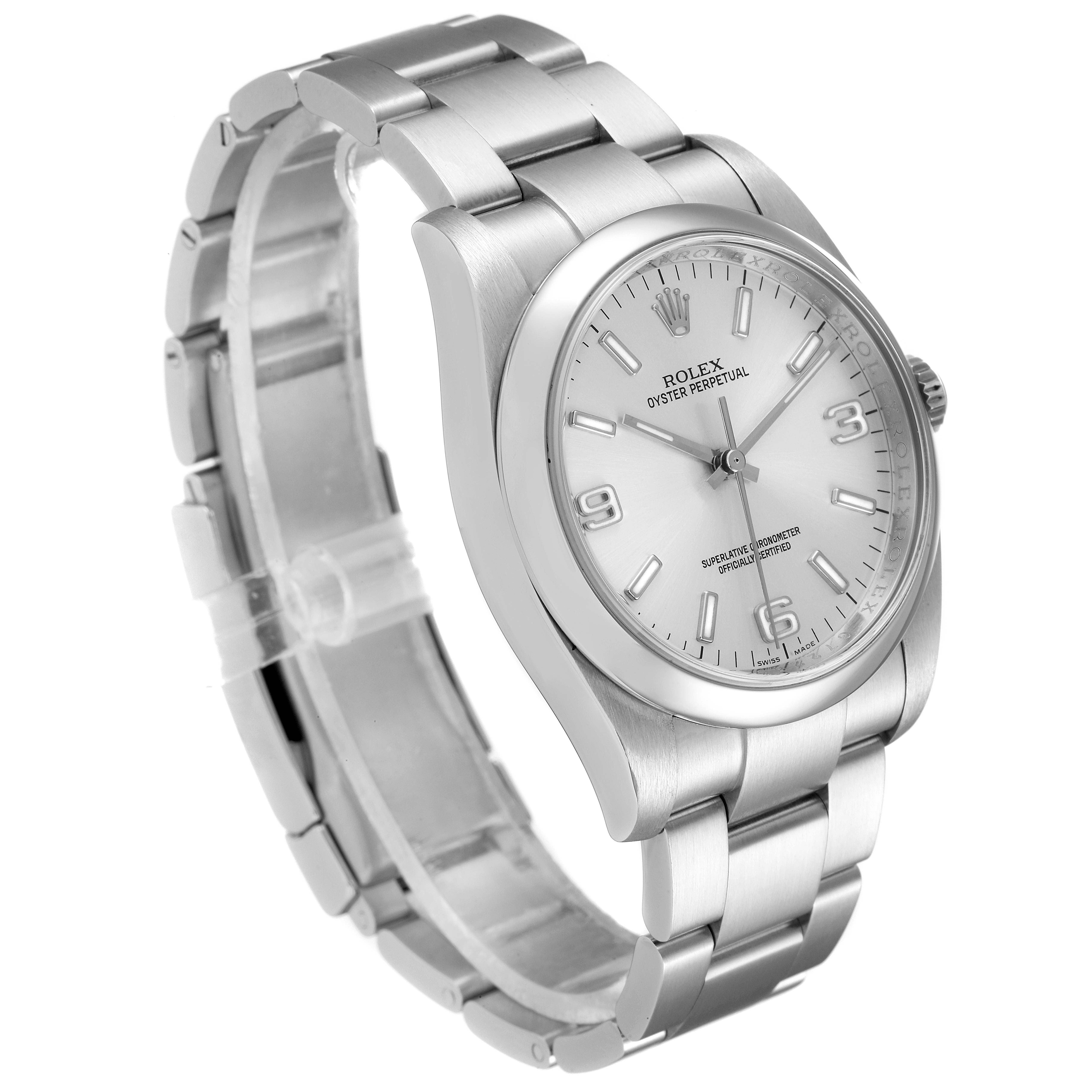 This image shows a side-angle view of a Rolex Oyster Perpetual 116000 Men's Stainless Steel Silver Dial 116000 Men's Stainless Steel Silver Dial watch, highlighting the face, bezel, and bracelet.