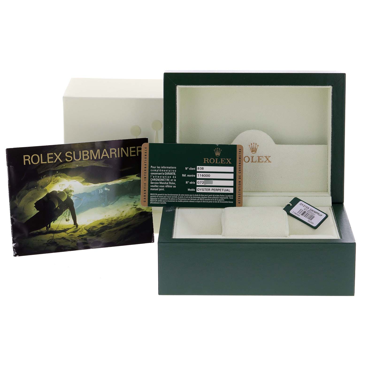 The image shows a Rolex Oyster Perpetual 116000 Men's Stainless Steel Silver Dial 116000 Men's Stainless Steel Silver Dial watch box, booklet, and warranty card, photographed from the front.