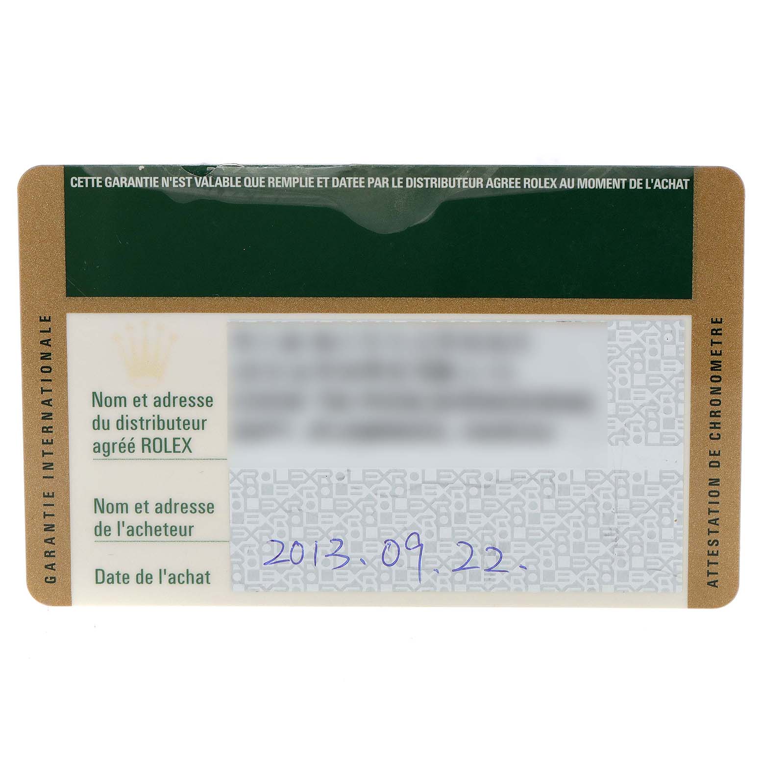 This image shows the warranty card for the Rolex Oyster Perpetual 116000 Men's Stainless Steel Silver Dial 116000 Men's Stainless Steel Silver Dial model, displaying purchase details and dealer information.