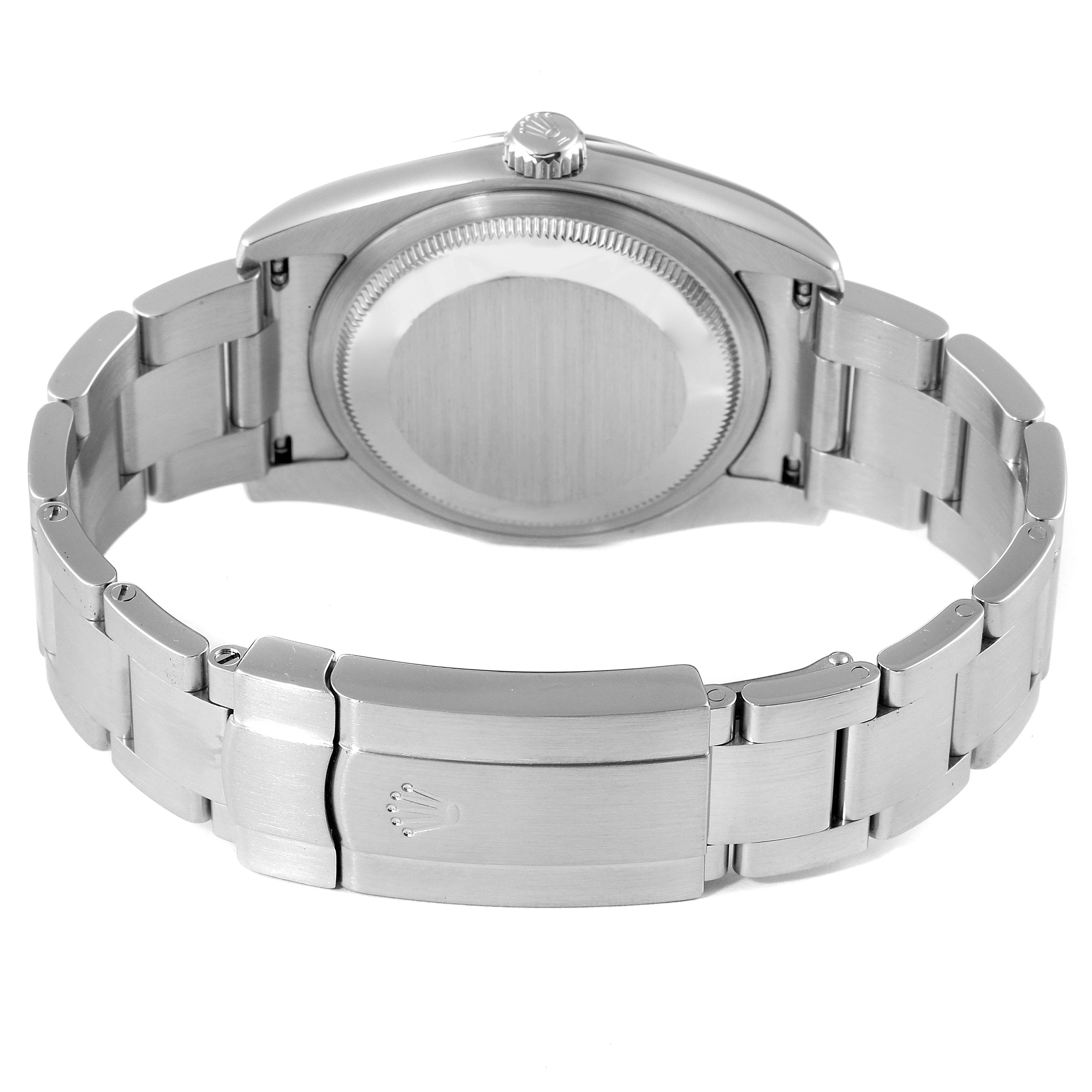 The image shows the back case and bracelet of a Rolex Oyster Perpetual 116000 Men's Stainless Steel Silver Dial 116000 Men's Stainless Steel Silver Dial watch from a rear angle.
