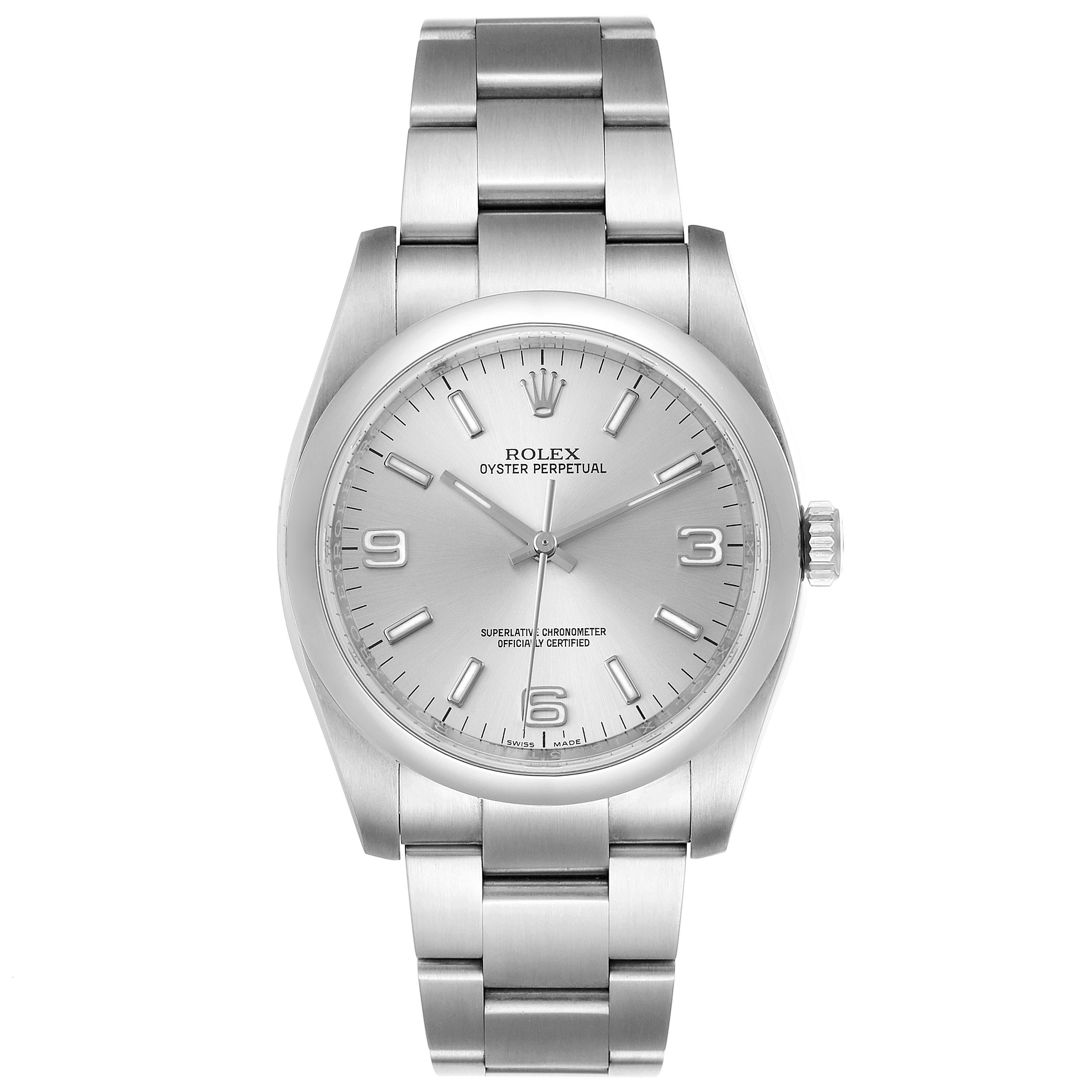 This image shows a frontal view of a Rolex Oyster Perpetual 116000 Men's Stainless Steel Silver Dial 116000 Men's Stainless Steel Silver Dial watch, displaying the face, case, and bracelet.