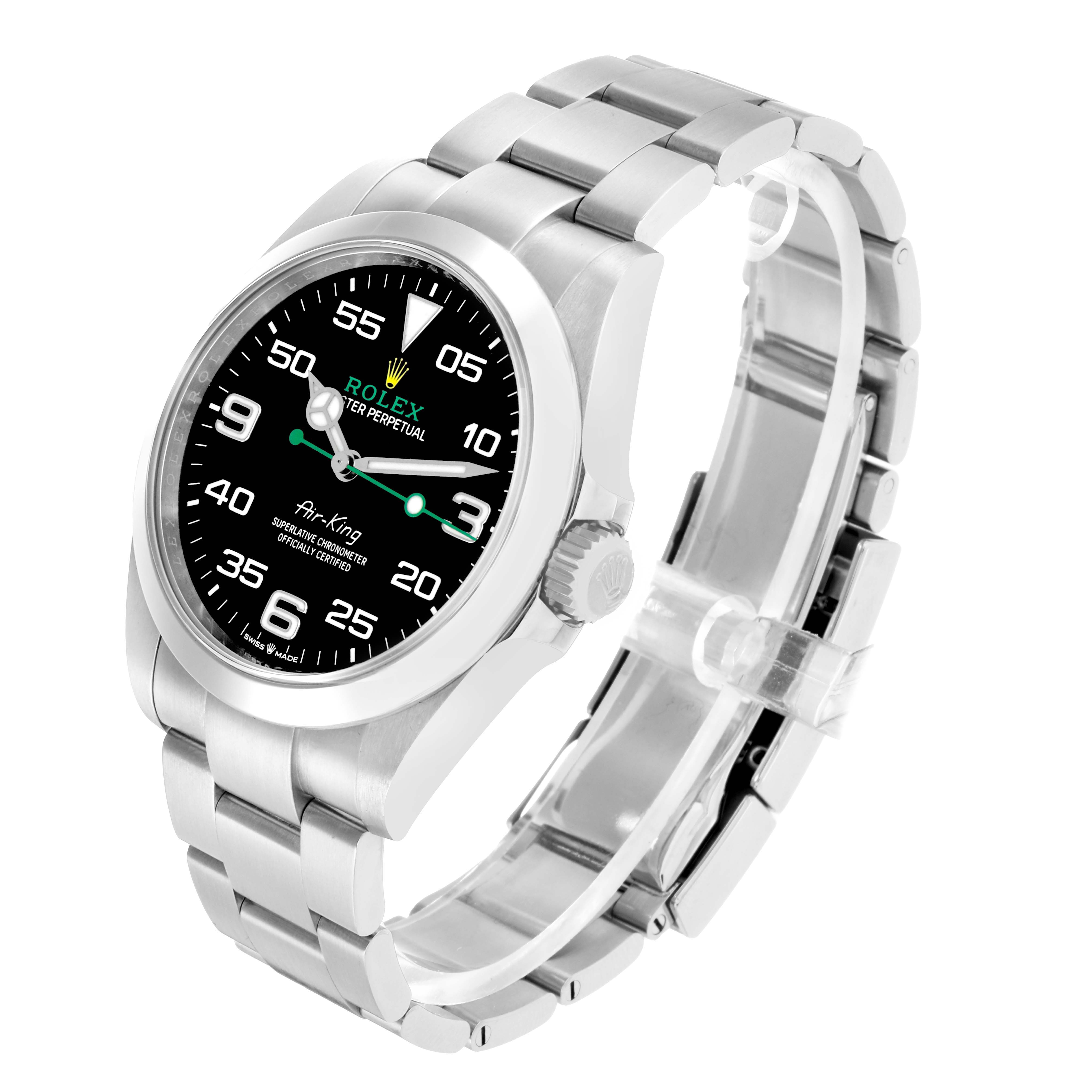 The Rolex Air-King 126900 Men
s Stainless Steel Black Dial watch is shown at an angle highlighting the face, crown, and stainless steel bracelet.