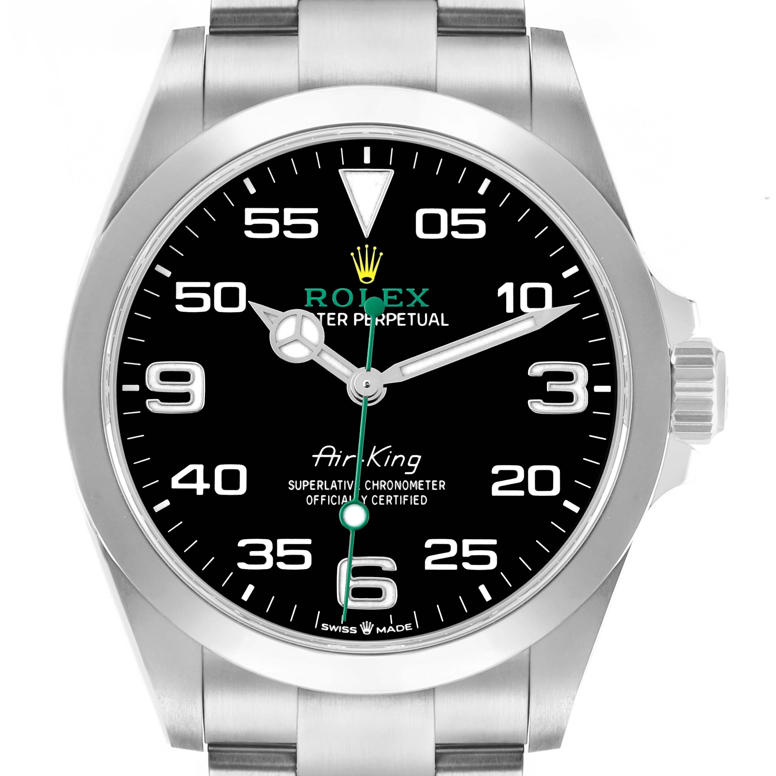 The image shows a frontal view of the Rolex Air-King 126900 Men
s Stainless Steel Black Dial watch, highlighting its dial, bezel, crown, and bracelet.