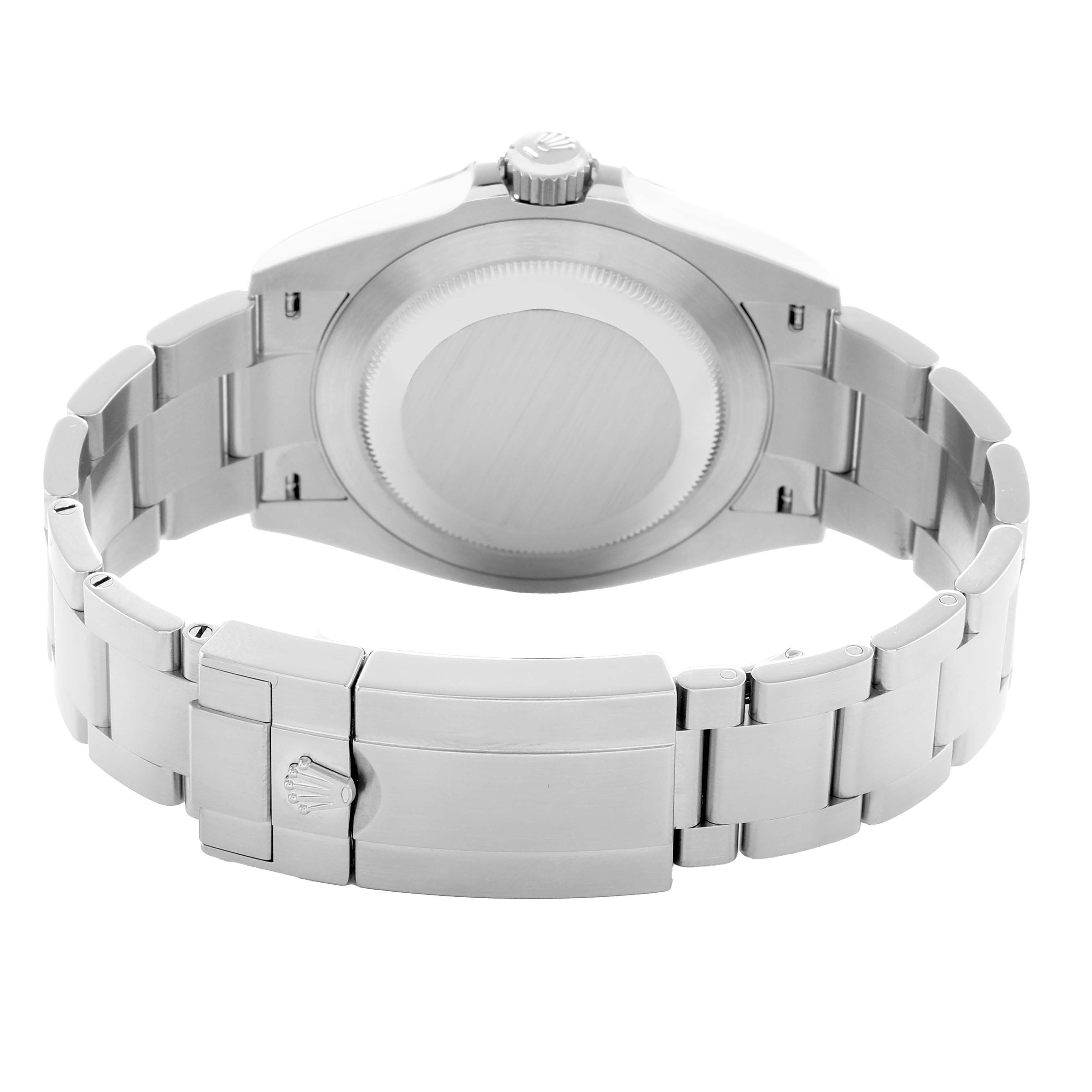 The image shows the back view of a Rolex Air-King 126900 Men
s Stainless Steel Black Dial watch, highlighting the case back and metal bracelet with clasp.