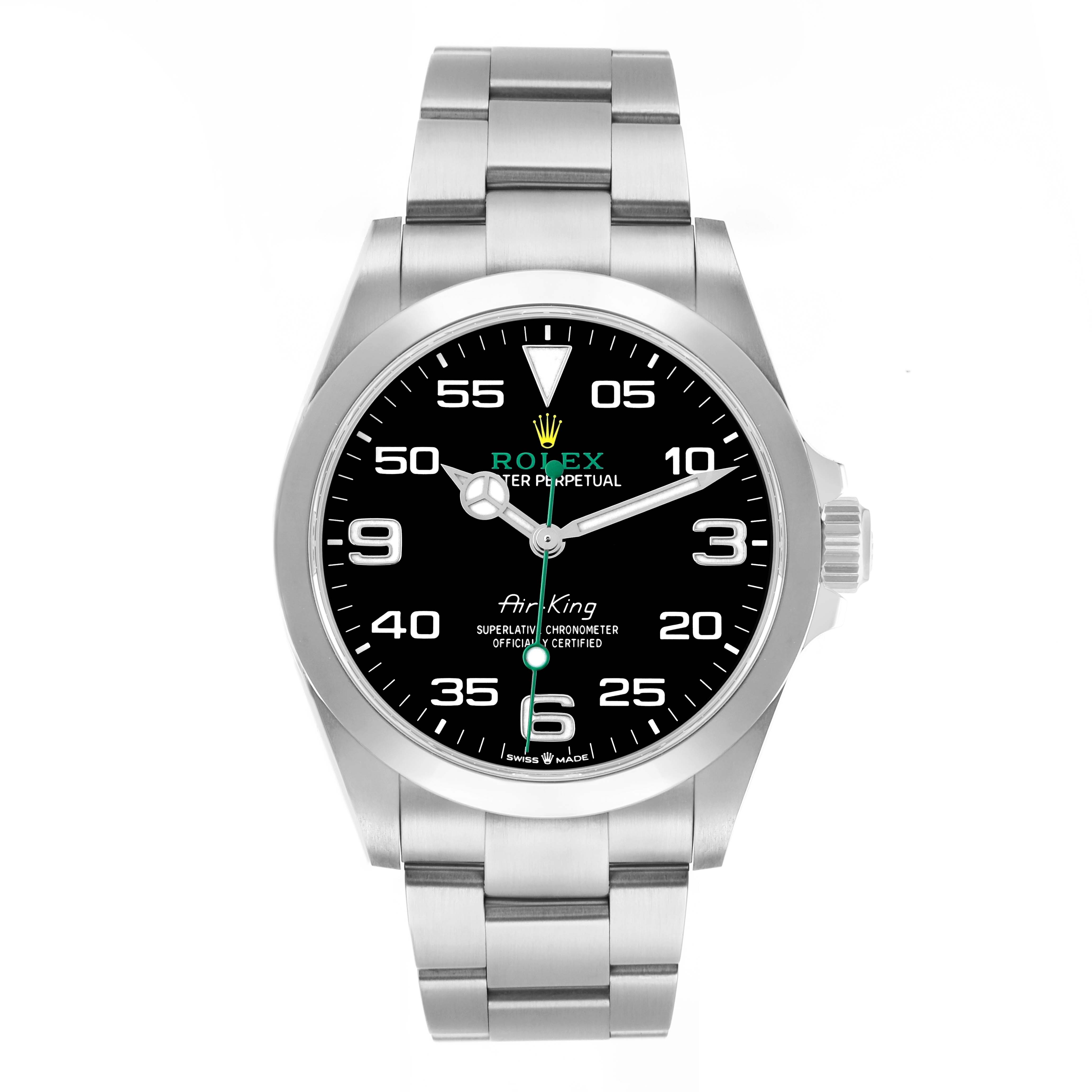 The Rolex Air-King 126900 Men
s Stainless Steel Black Dial watch is shown from a top-down angle, displaying the full face, bezel, bracelet, and crown.