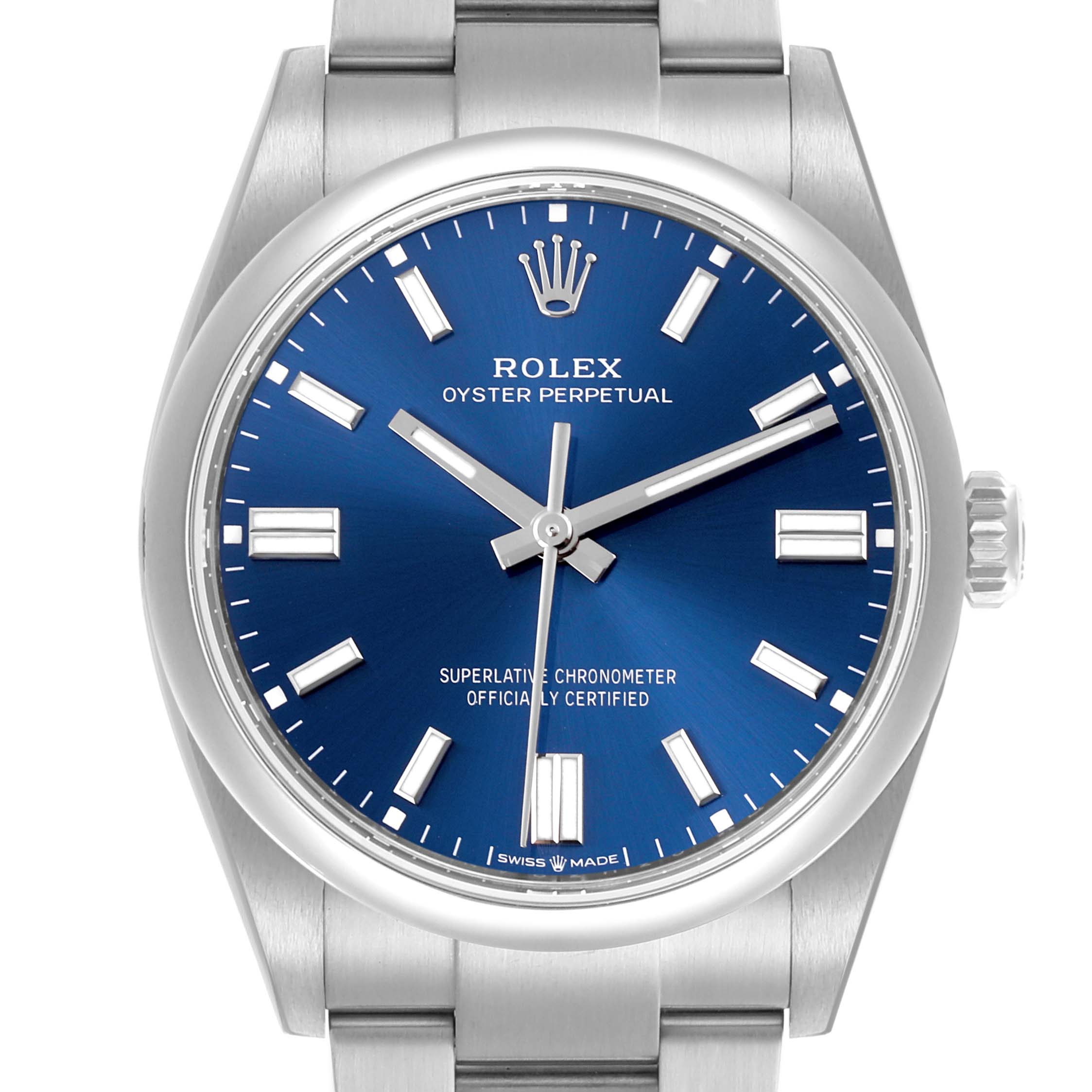 The Rolex Oyster Perpetual 126000 Men
s Stainless Steel Blue Dial 126000 Men
s Stainless Steel Blue Dial watch is shown from the front, displaying the dial, hands, and part of the bracelet.