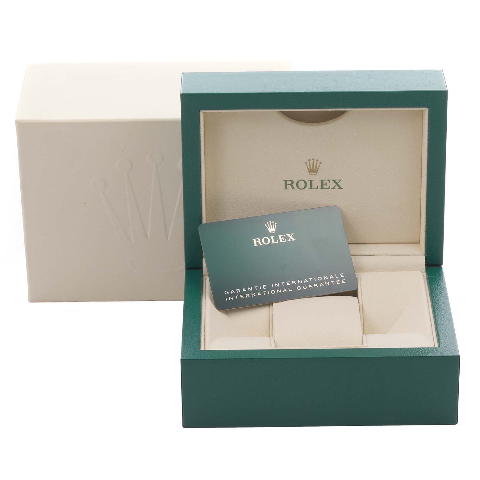 The image shows the packaging and guarantee card for a Rolex Oyster Perpetual 126000 Men
s Stainless Steel Blue Dial 126000 Men
s Stainless Steel Blue Dial watch, with the box open and at a slight angle.