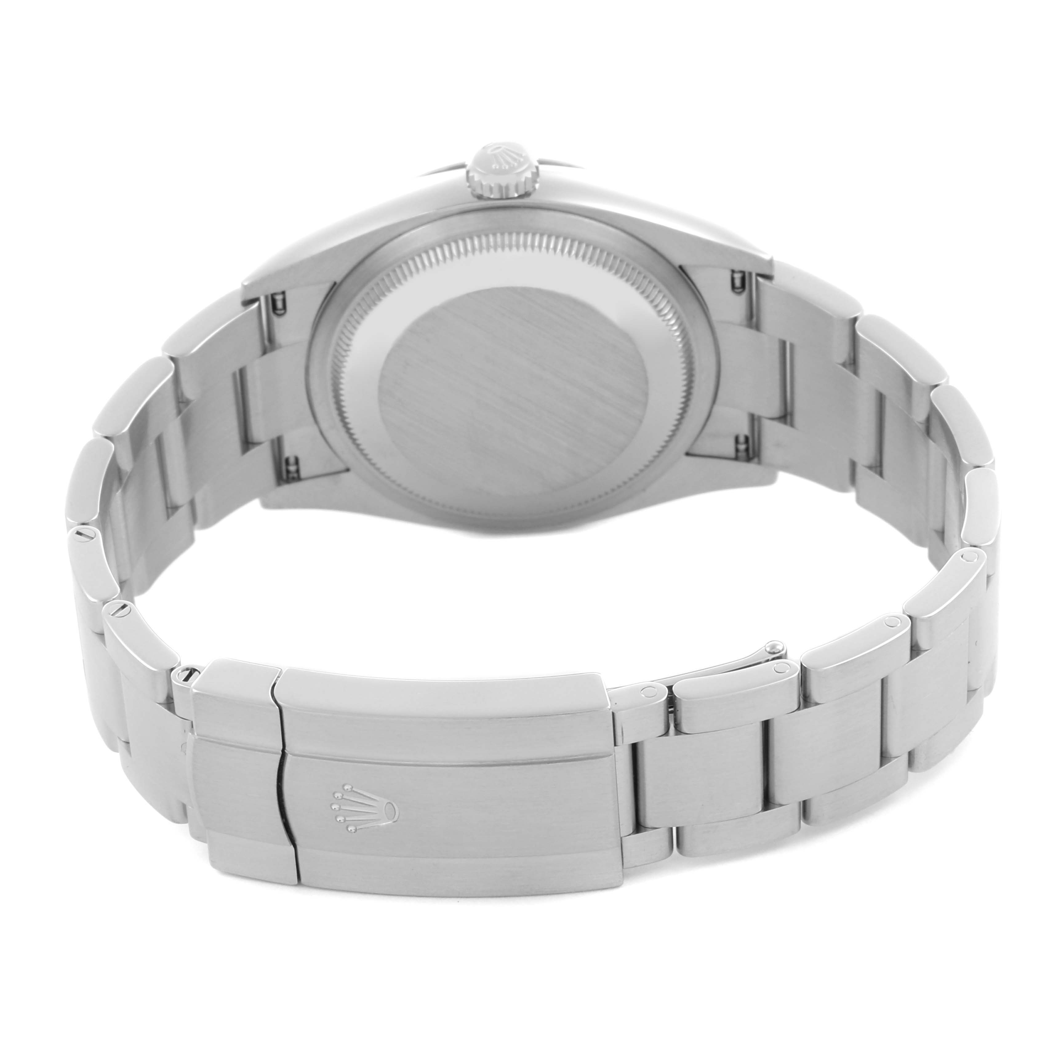 The image shows the back of a Rolex Oyster Perpetual 126000 Men
s Stainless Steel Blue Dial 126000 Men
s Stainless Steel Blue Dial watch, highlighting the case back and bracelet clasp.