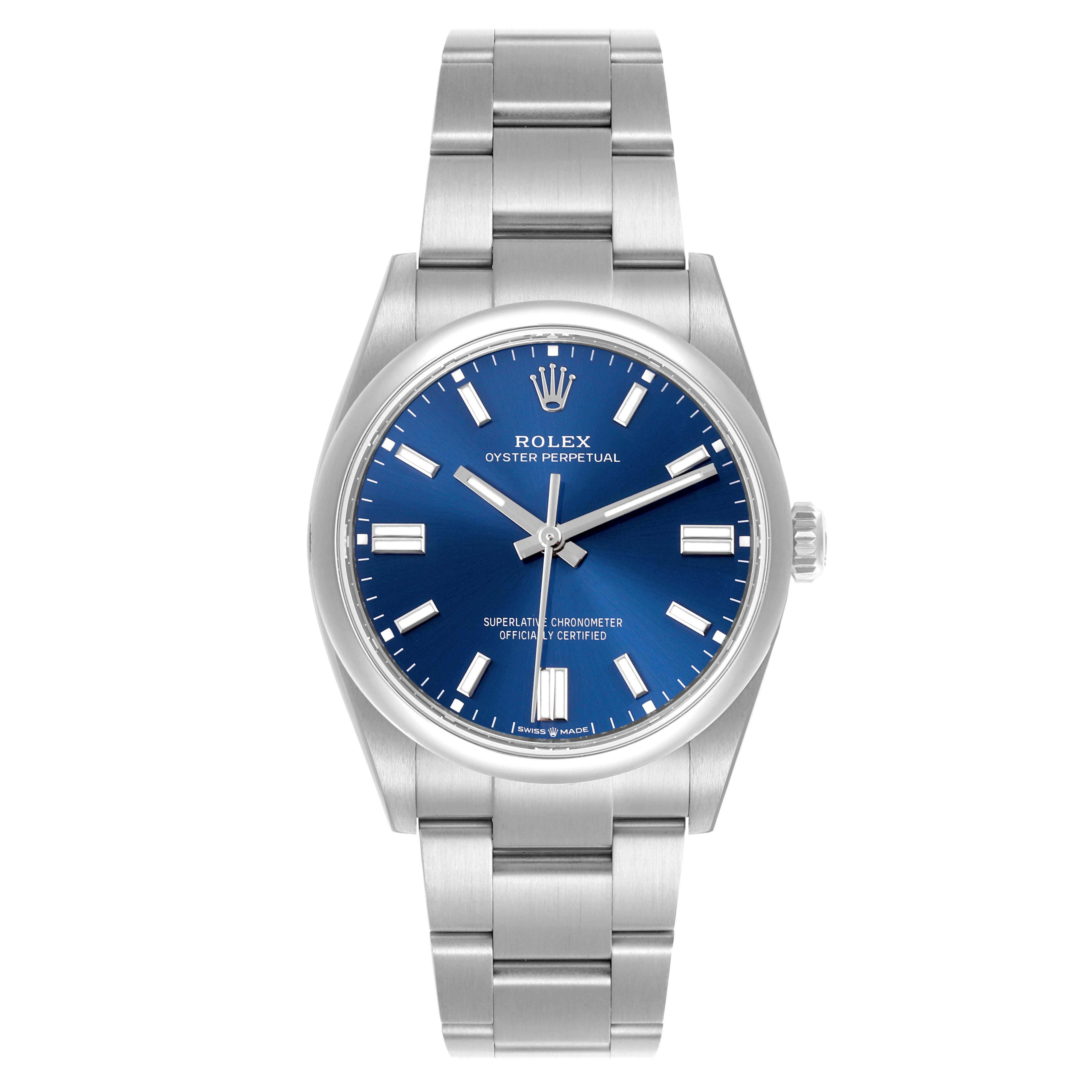 The Rolex Oyster Perpetual 126000 Men
s Stainless Steel Blue Dial 126000 Men
s Stainless Steel Blue Dial watch is shown from a front angle, displaying the dial, bezel, case, and bracelet.