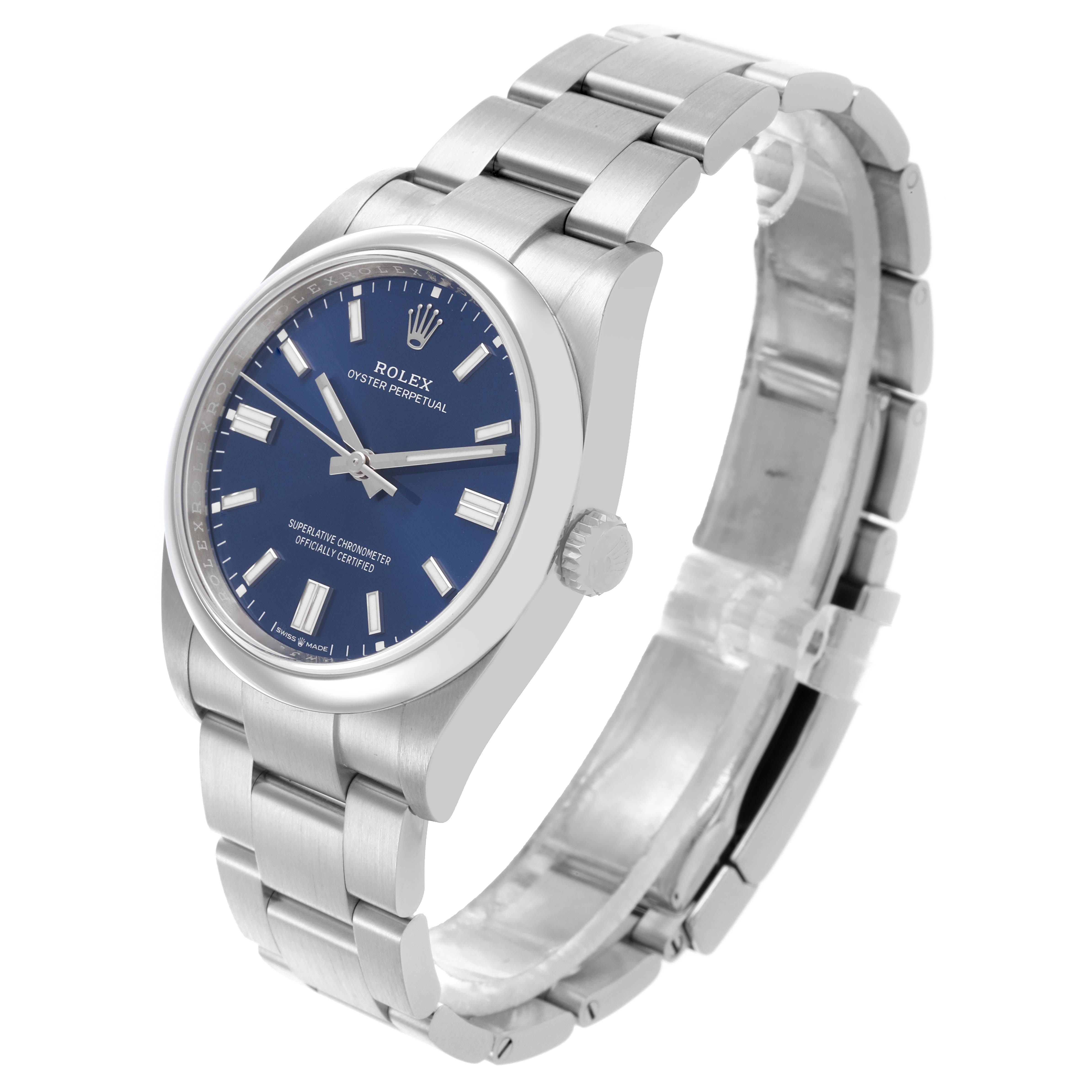 The image shows a Rolex Oyster Perpetual 126000 Men
s Stainless Steel Blue Dial 126000 Men
s Stainless Steel Blue Dial watch at a three-quarter angle, highlighting the blue dial, bezel, and bracelet.