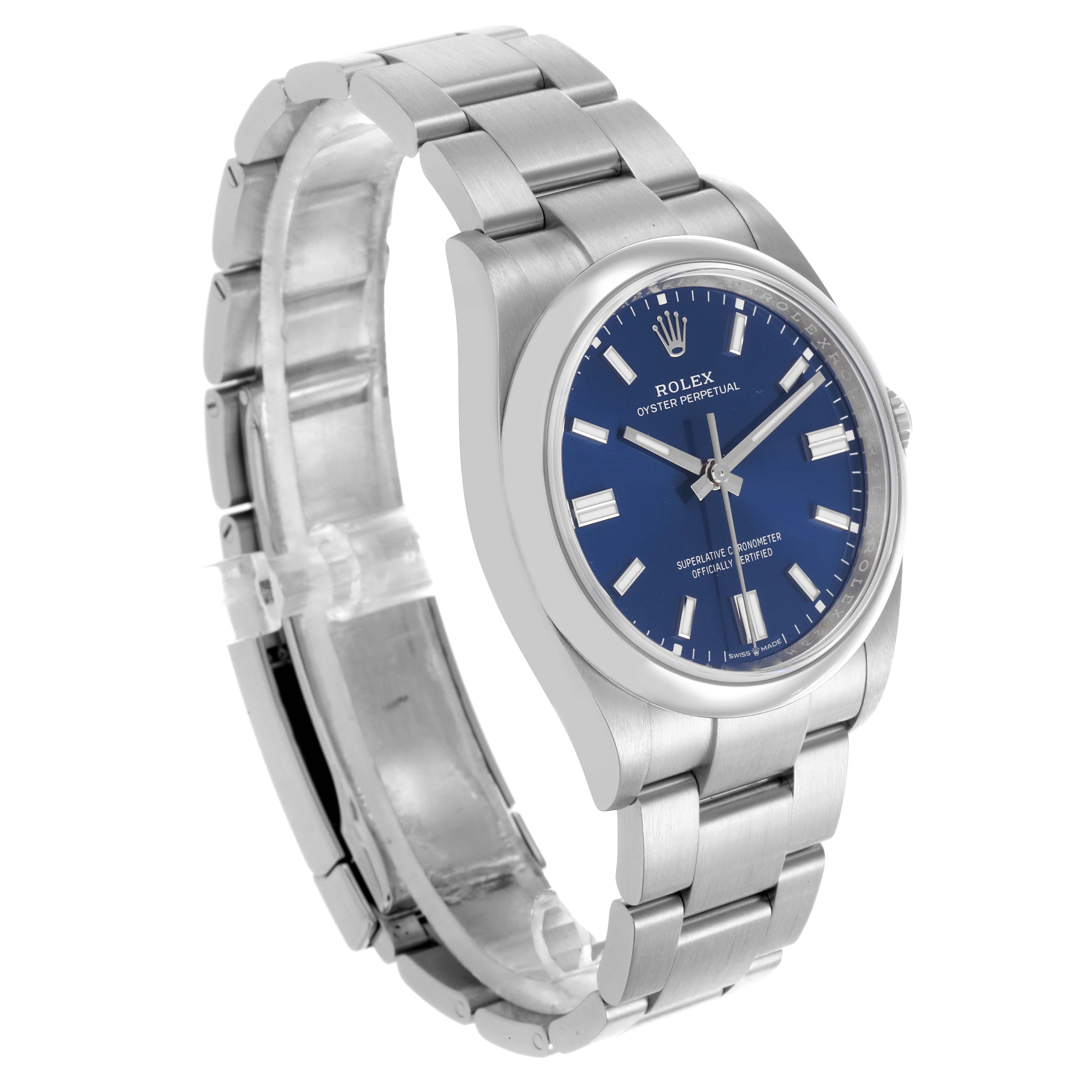 The Rolex Oyster Perpetual 126000 Men
s Stainless Steel Blue Dial 126000 Men
s Stainless Steel Blue Dial watch is shown at a three-quarter angle, highlighting the case, dial, and bracelet.