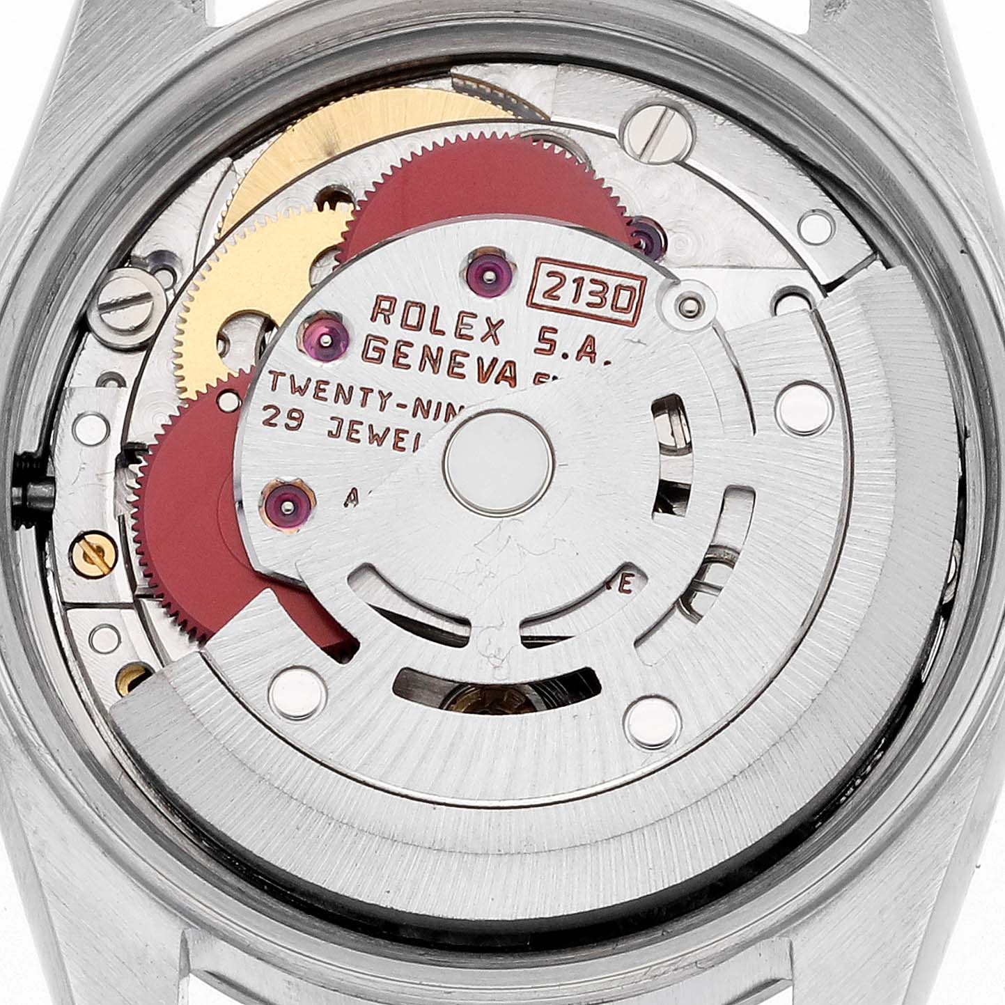 The image shows a close-up view of the Rolex Oyster Perpetual 67194 Women's Stainless Steel White Dial 67194 Women's Stainless Steel White Dial's movement, focusing on its intricate inner components.