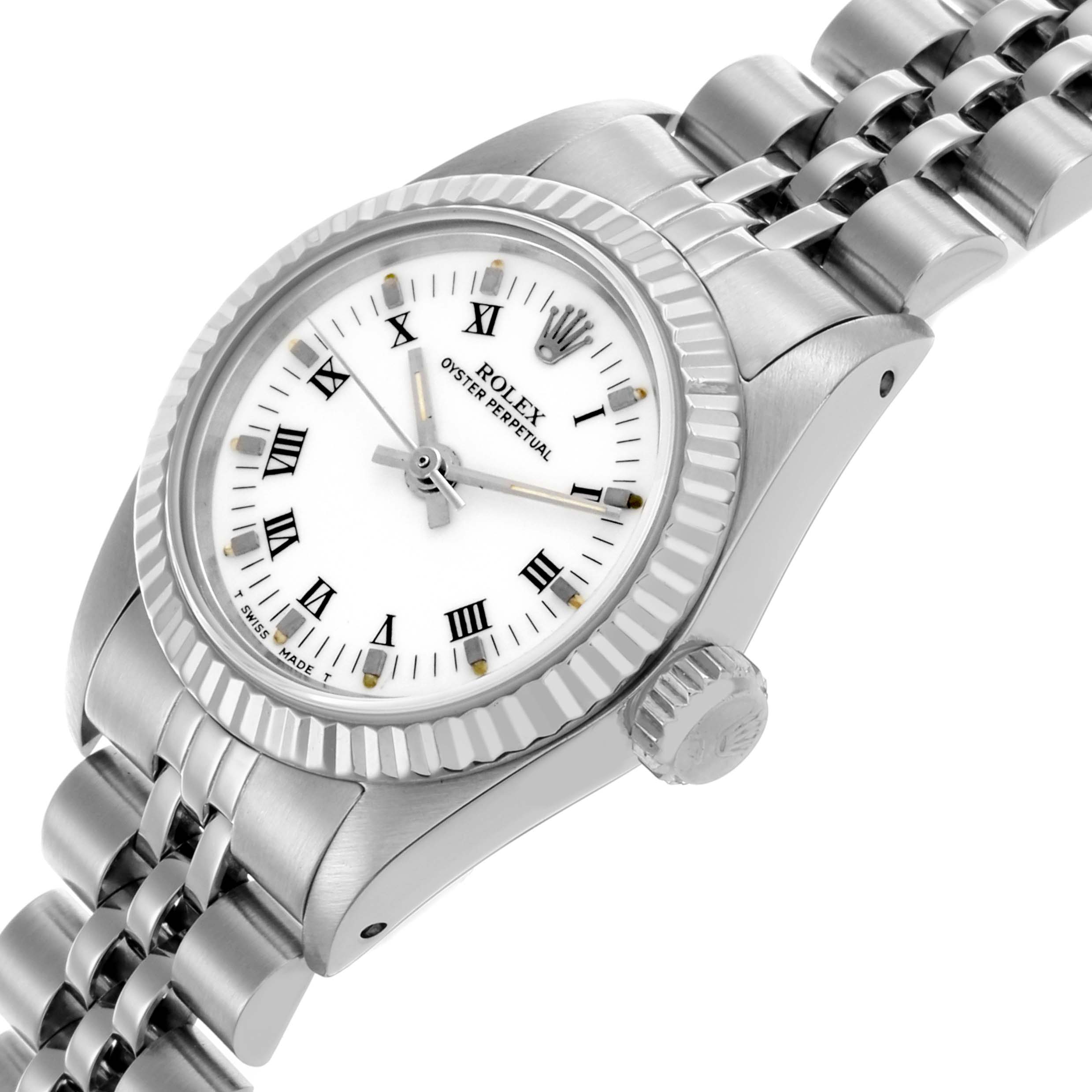 The Rolex Oyster Perpetual 67194 Women's Stainless Steel White Dial 67194 Women's Stainless Steel White Dial watch is shown at an angle highlighting the dial, case, crown, and bracelet.