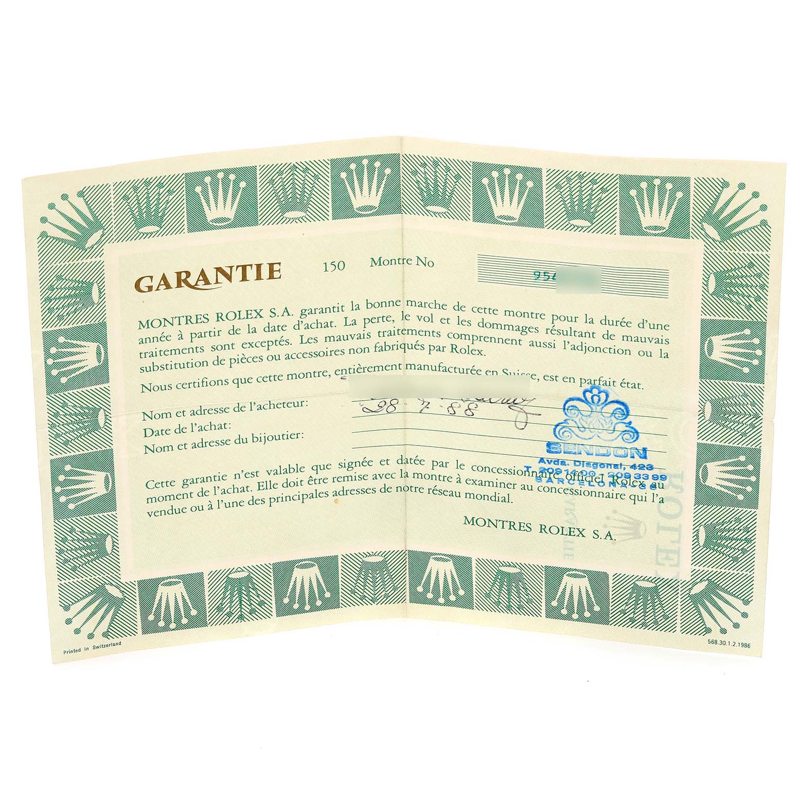 This is a warranty certificate for a Rolex Oyster Perpetual 67194 Women's Stainless Steel White Dial 67194 Women's Stainless Steel White Dial watch, showing the brand logo and purchase details.