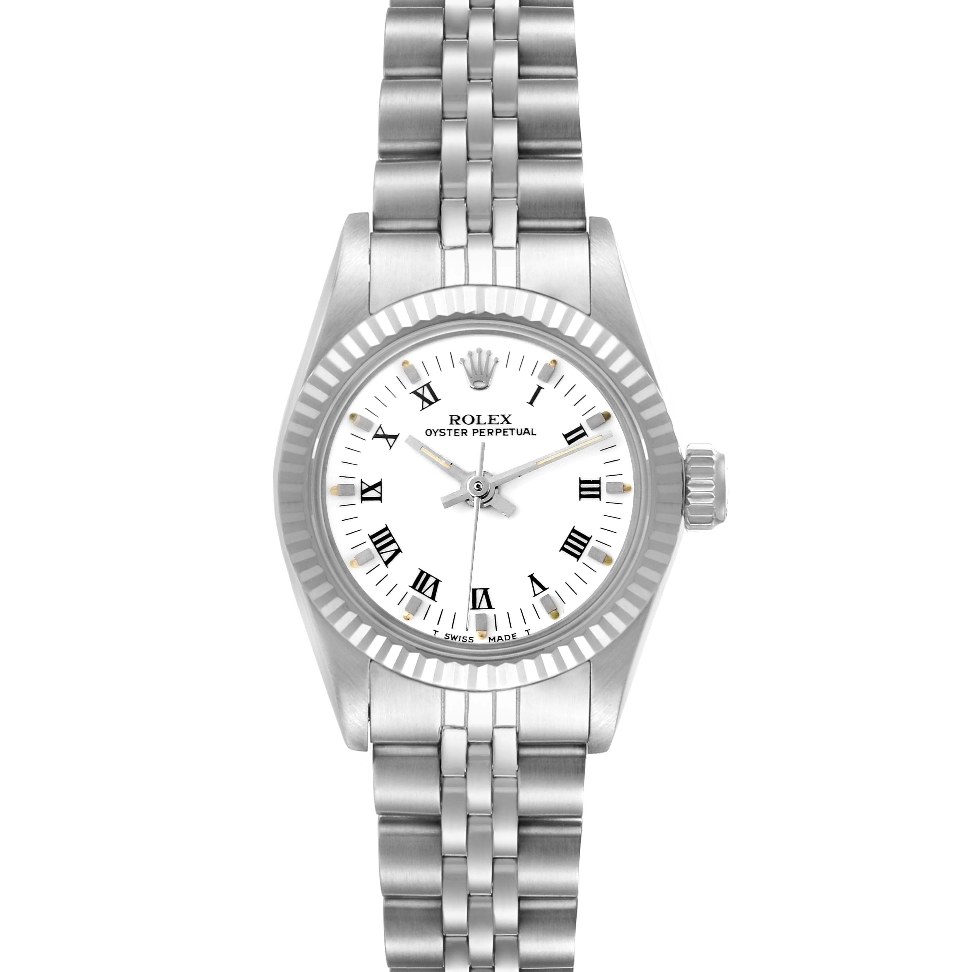 The Rolex Oyster Perpetual 67194 Women's Stainless Steel White Dial 67194 Women's Stainless Steel White Dial is shown from a top-down angle, highlighting its face, bezel, and bracelet.