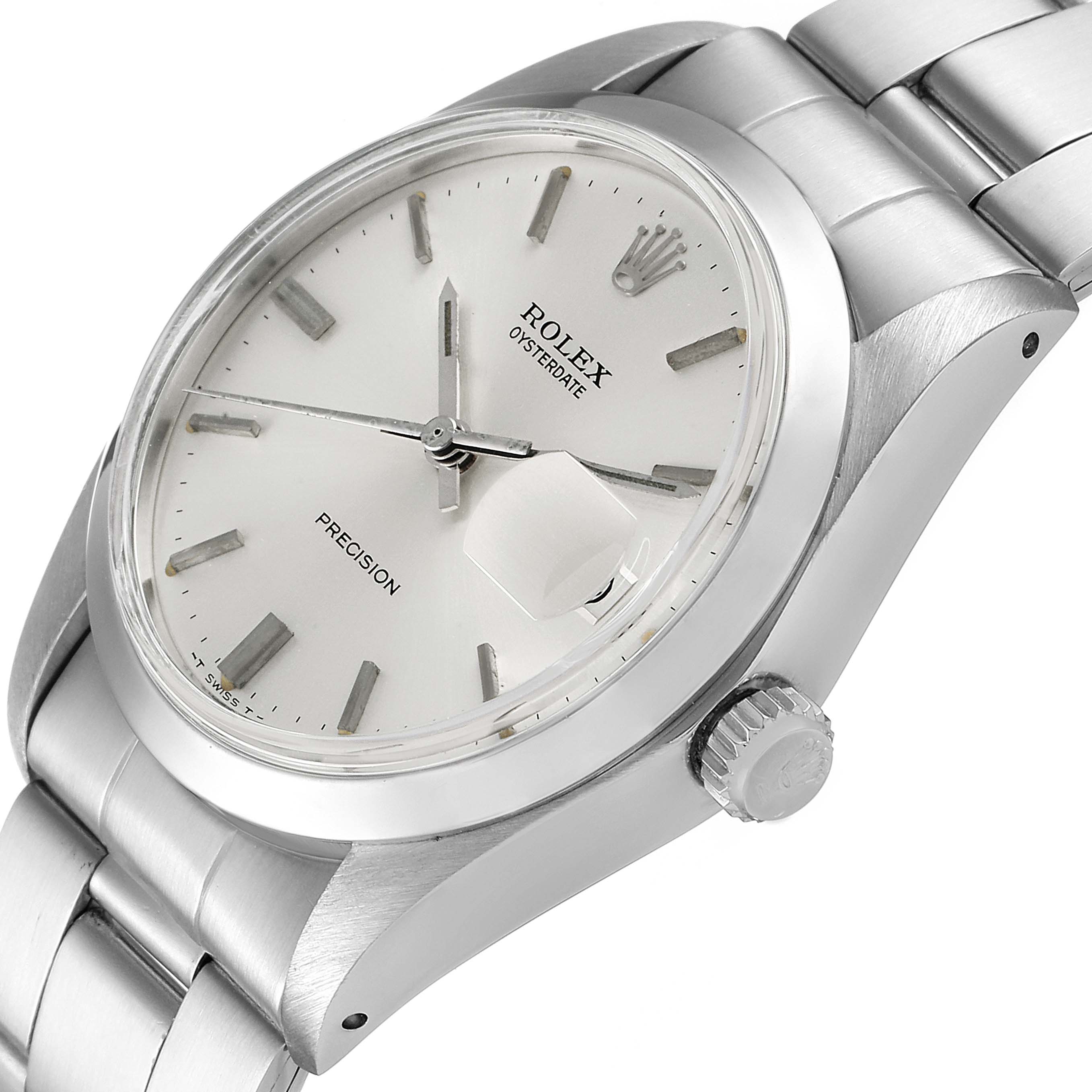 This image shows a close-up of the Rolex Vintage Collection 6694 Men
s Stainless Steel Silver Dial 6694 Men
s Stainless Steel Silver Dial Oysterdate model, angled to display the dial, bezel, and crown.