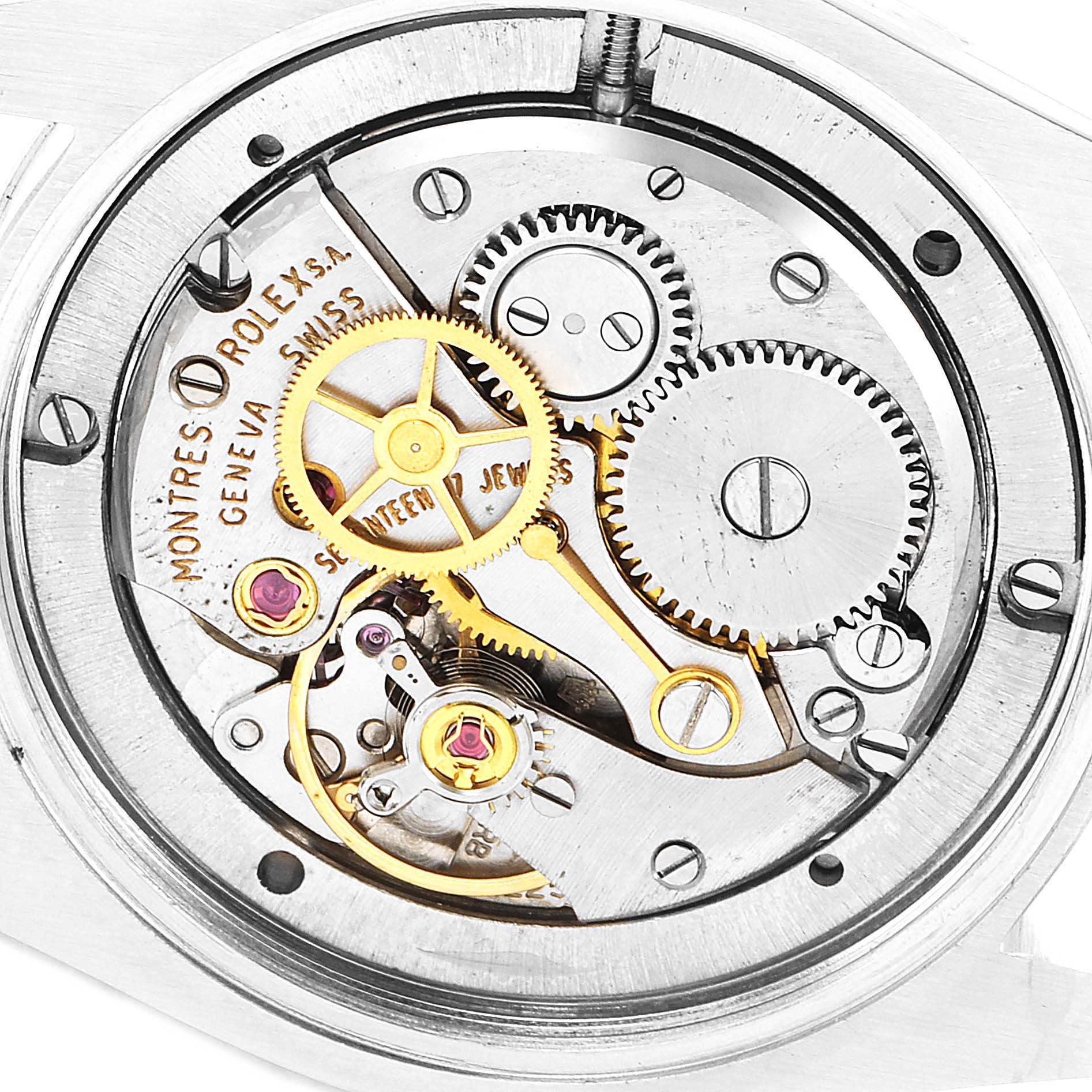 This image shows a close-up view of the internal mechanical components of a Rolex Vintage Collection 6694 Men
s Stainless Steel Silver Dial 6694 Men
s Stainless Steel Silver Dial watch.