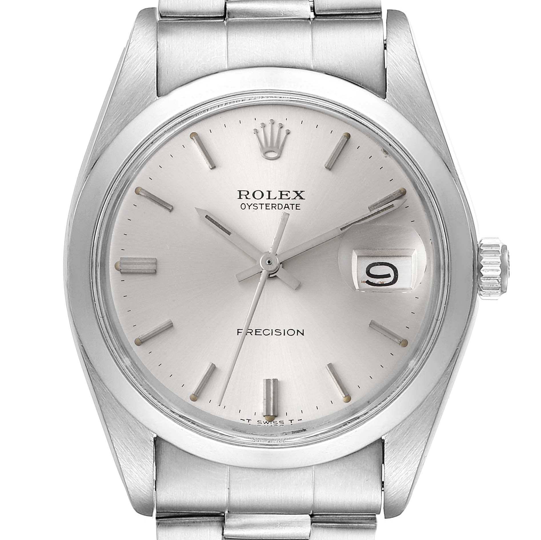 This image shows a front view of the Rolex Vintage Collection 6694 Men
s Stainless Steel Silver Dial 6694 Men
s Stainless Steel Silver Dial model, displaying the dial, hands, crown, and part of the bracelet.