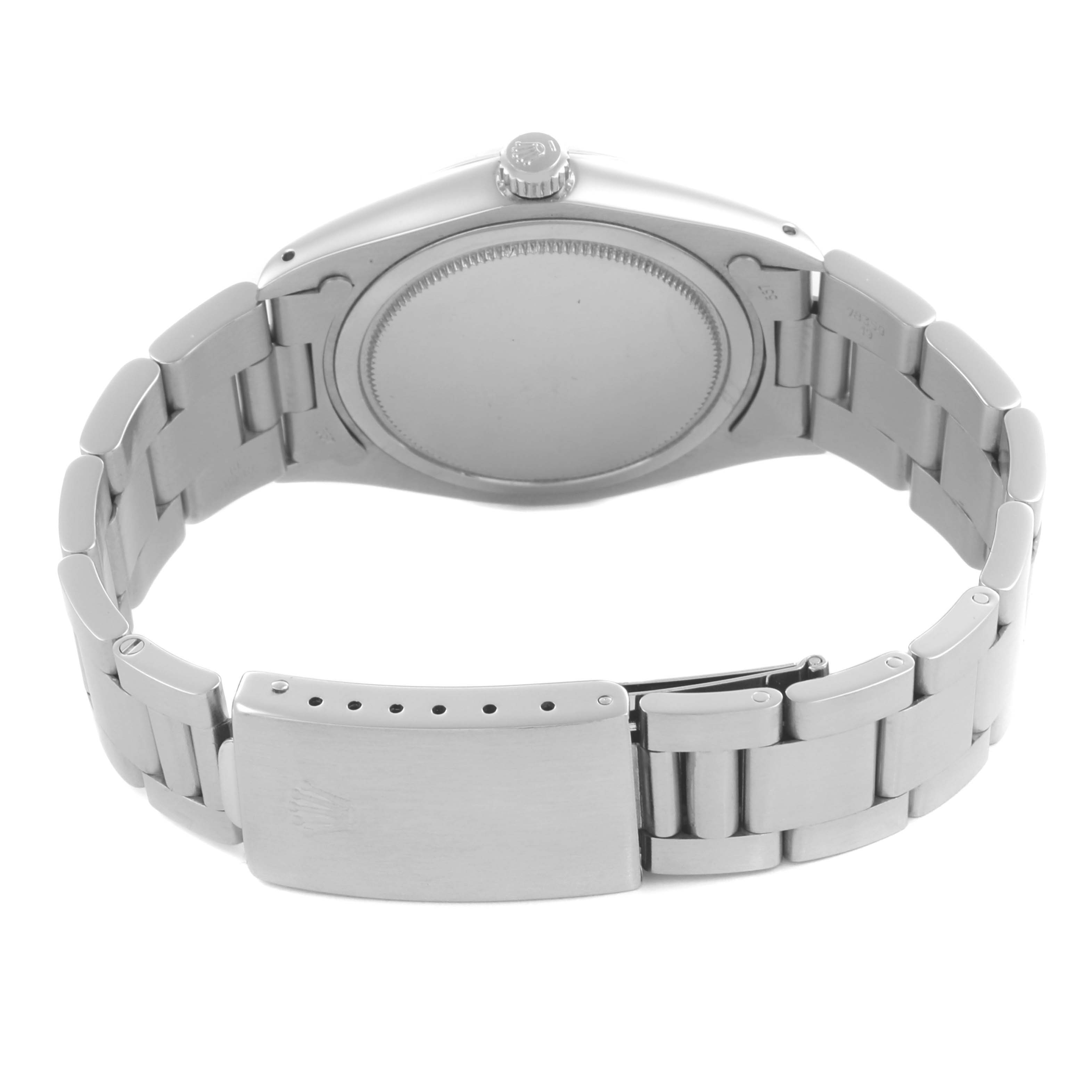 The image shows the back and bracelet of the Rolex Vintage Collection 6694 Men's Stainless Steel Silver Dial 6694 Men's Stainless Steel Silver Dial watch, including its closed clasp and case back.