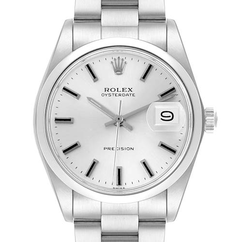 The Rolex Vintage Collection model is shown from a front angle, displaying the entire dial, bezel, and a portion of the bracelet.