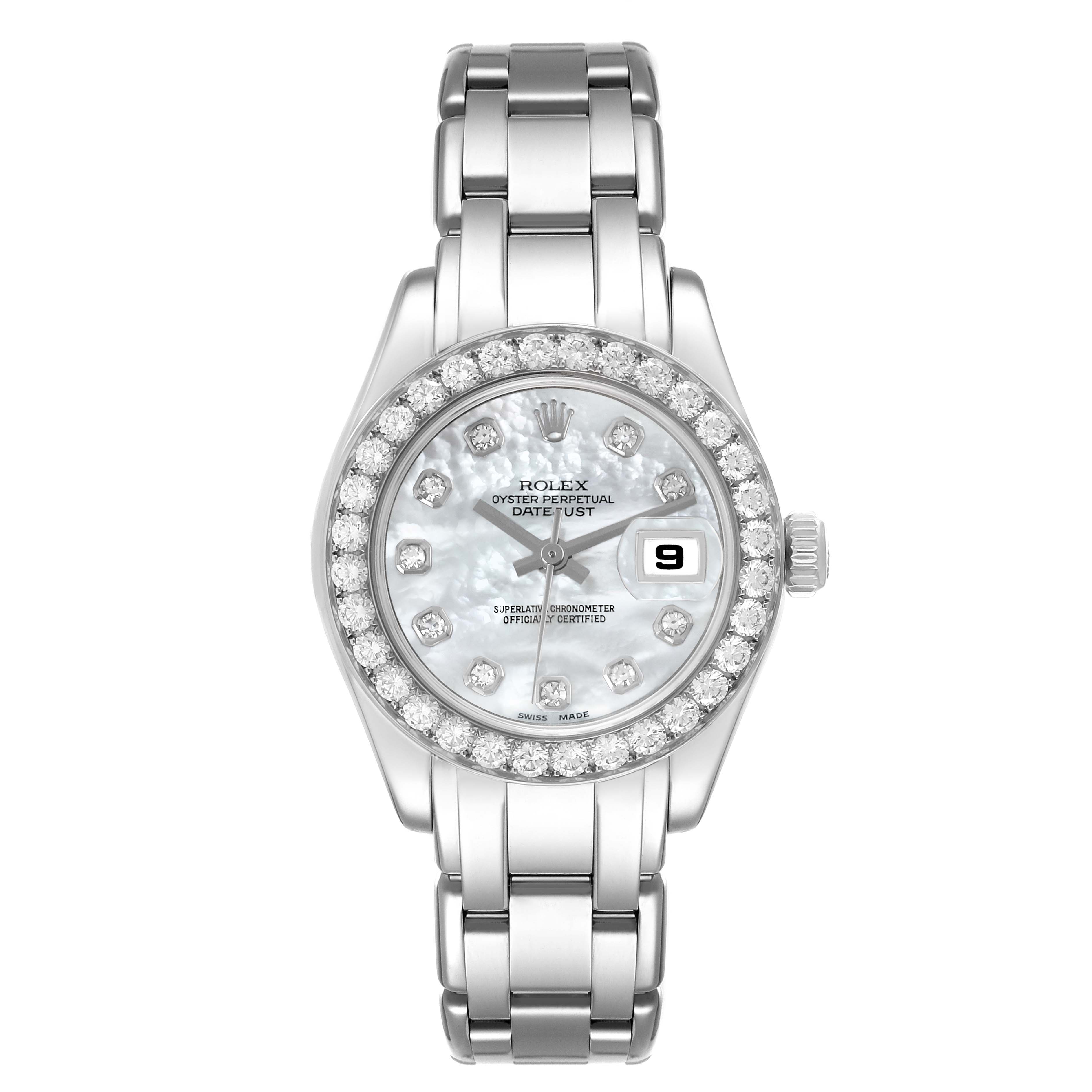 The Rolex Pearlmaster 80299 Women
s White Gold Mother of Pearl Dial 80299 Women
s White Gold Mother of Pearl Dial watch is shown from the front, displaying its face, bezel, and bracelet in full view.