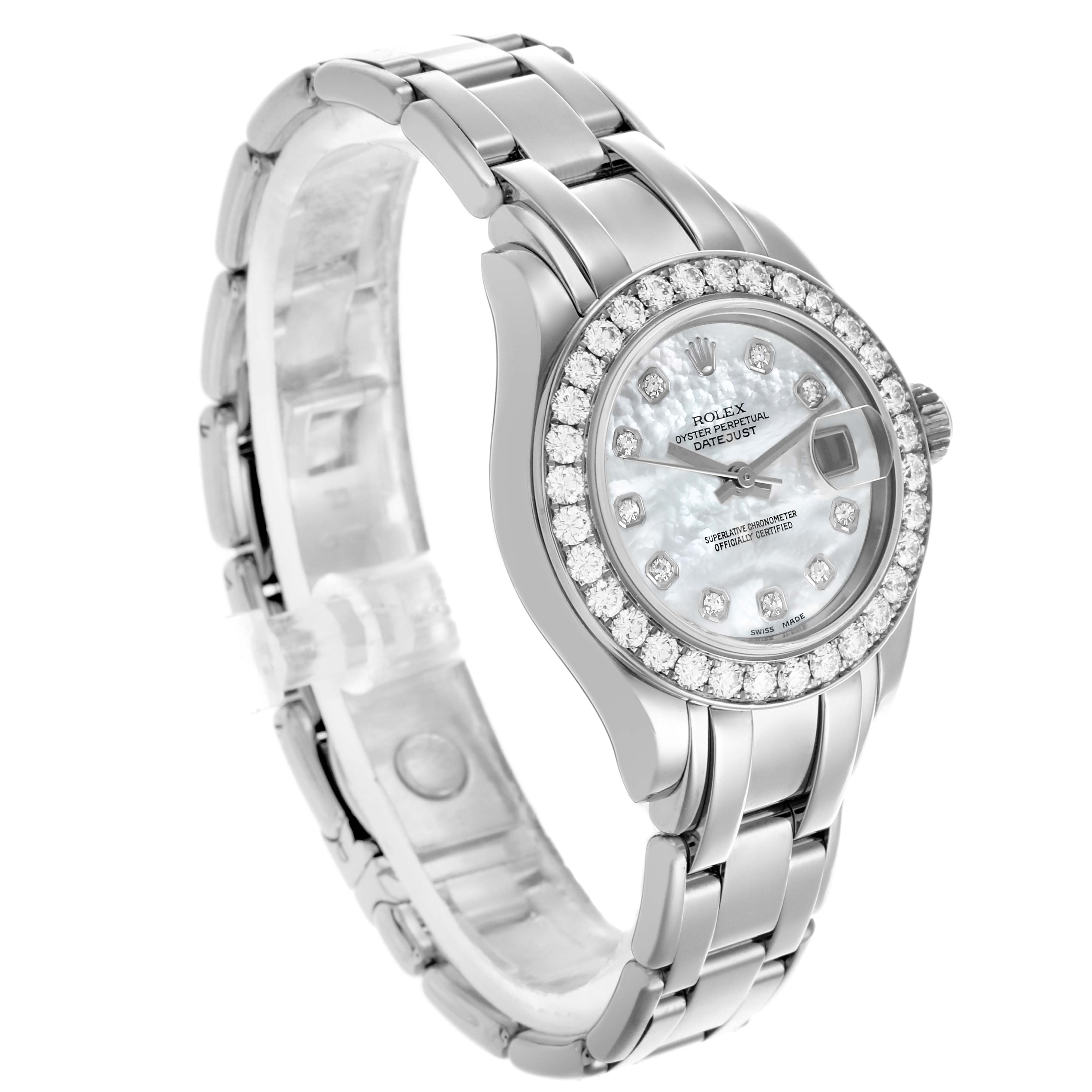 The Rolex Pearlmaster 80299 Women
s White Gold Mother of Pearl Dial 80299 Women
s White Gold Mother of Pearl Dial watch is shown at an angle highlighting the bracelet, bezel, and dial.