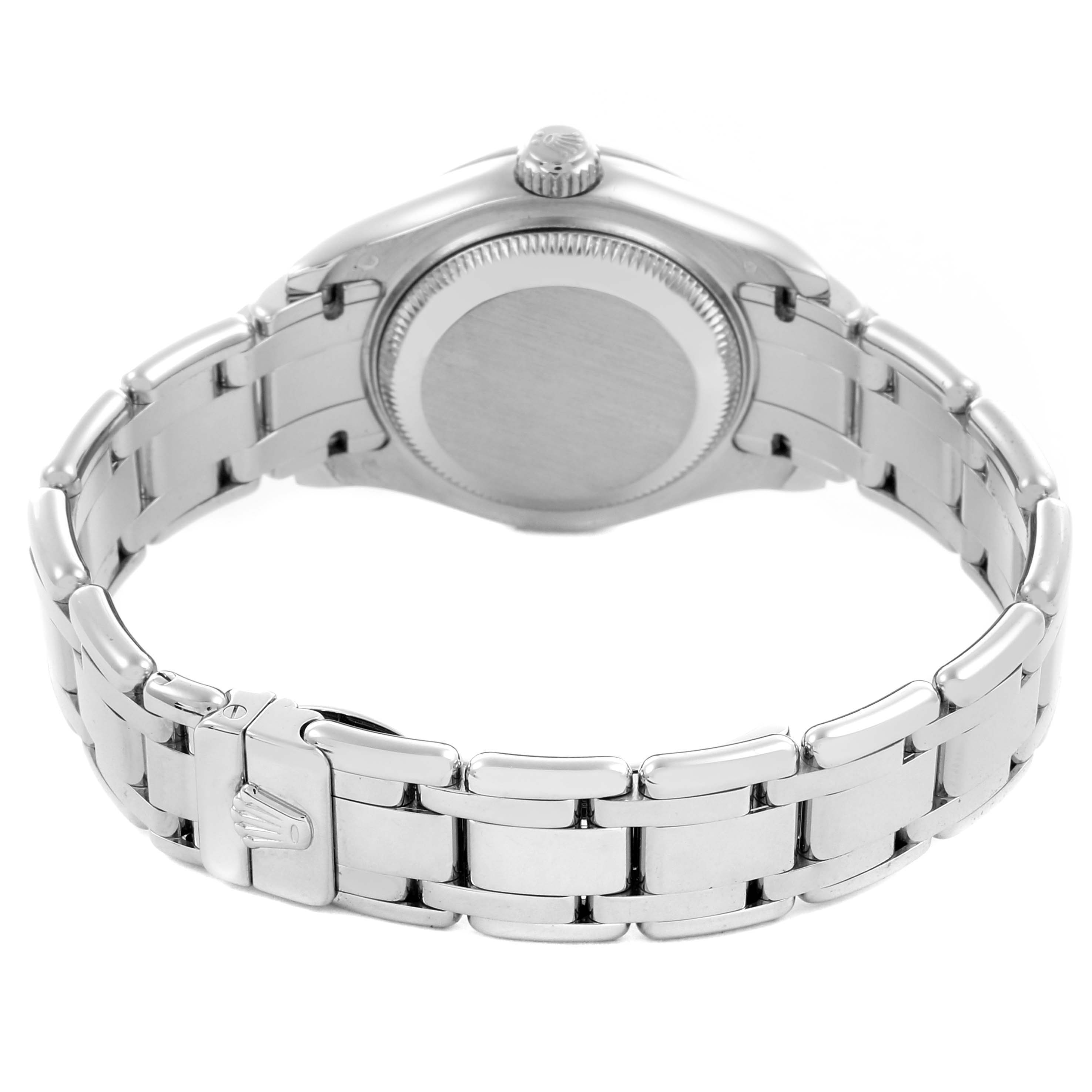 The image shows the back and bracelet of a Rolex Pearlmaster 80299 Women
s White Gold Mother of Pearl Dial 80299 Women
s White Gold Mother of Pearl Dial watch from a rear angle.