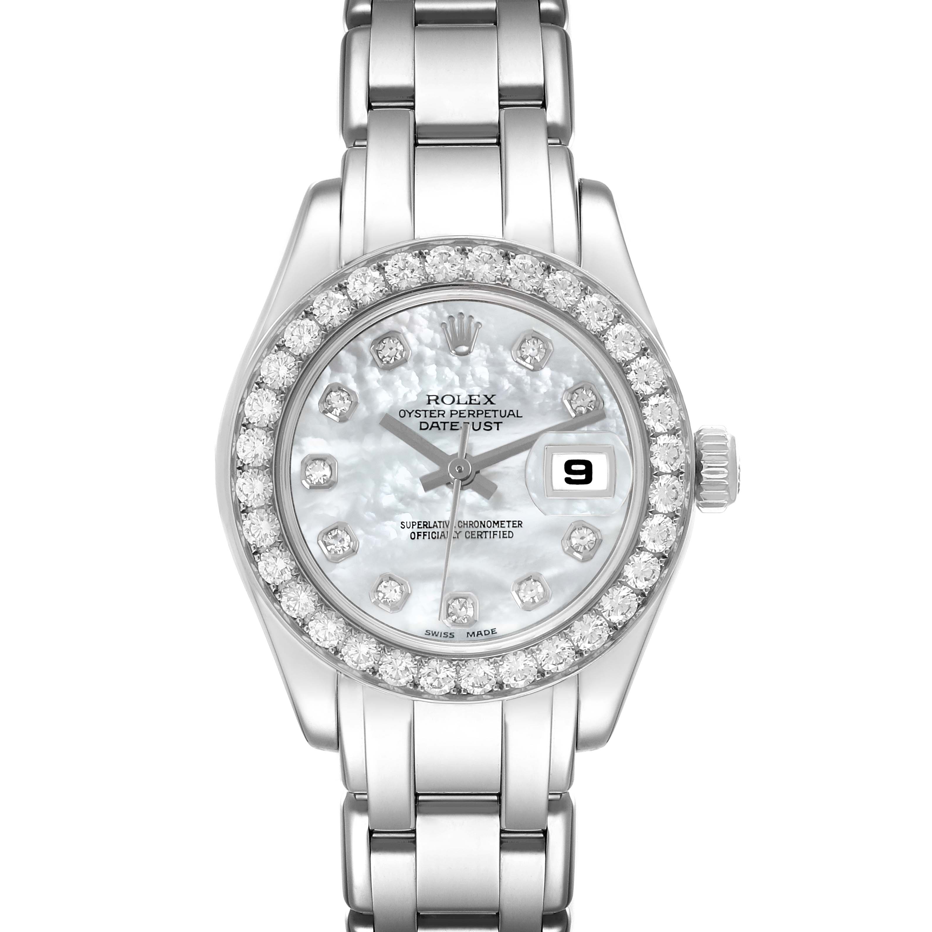 The Rolex Pearlmaster 80299 Women
s White Gold Mother of Pearl Dial 80299 Women
s White Gold Mother of Pearl Dial watch is shown from a top-down angle, highlighting the dial, bezel, and bracelet.