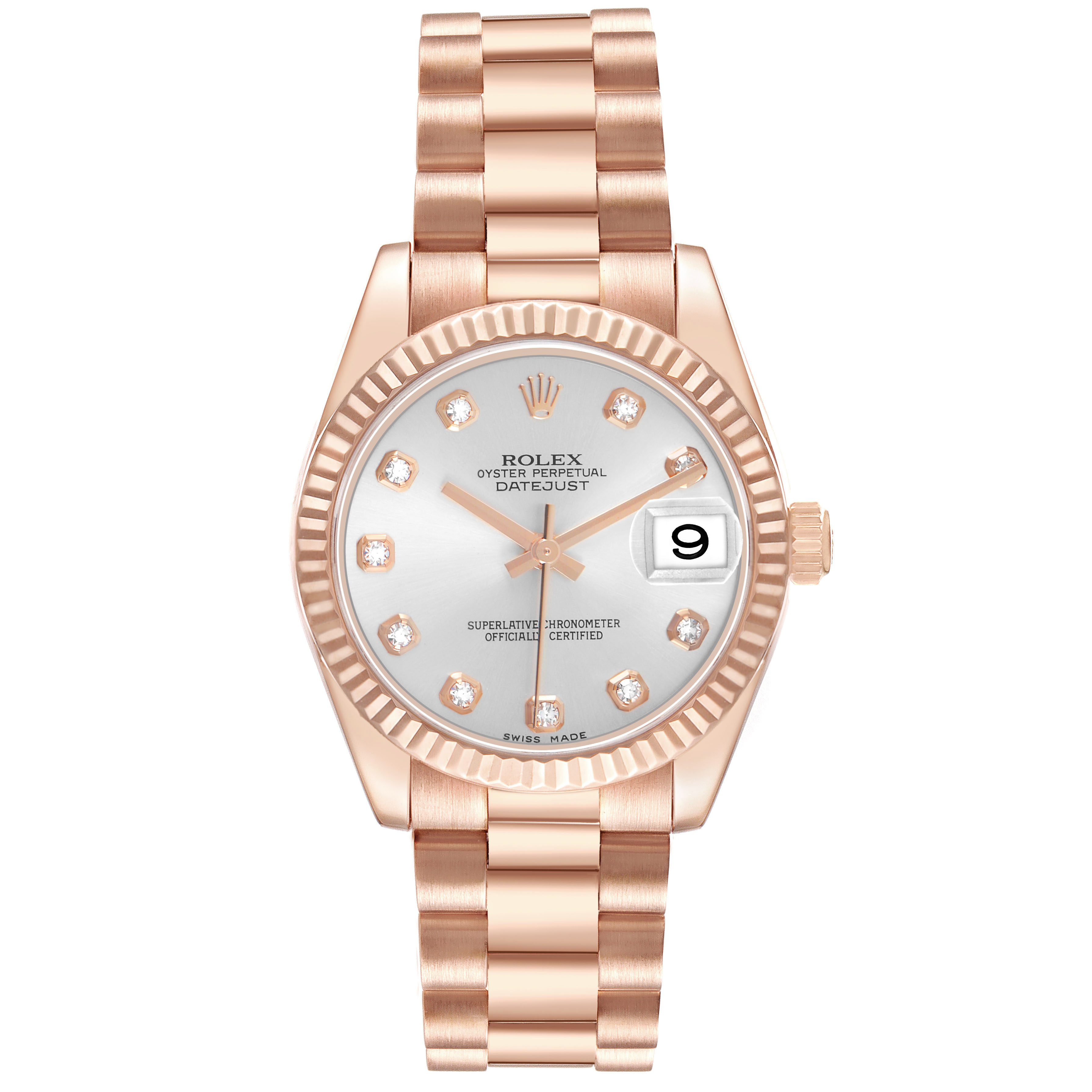 The Rolex President 178275 Women's Rose Gold Silver Dial watch is shown from a front angle, displaying the dial, hands, date, case, and bracelet.