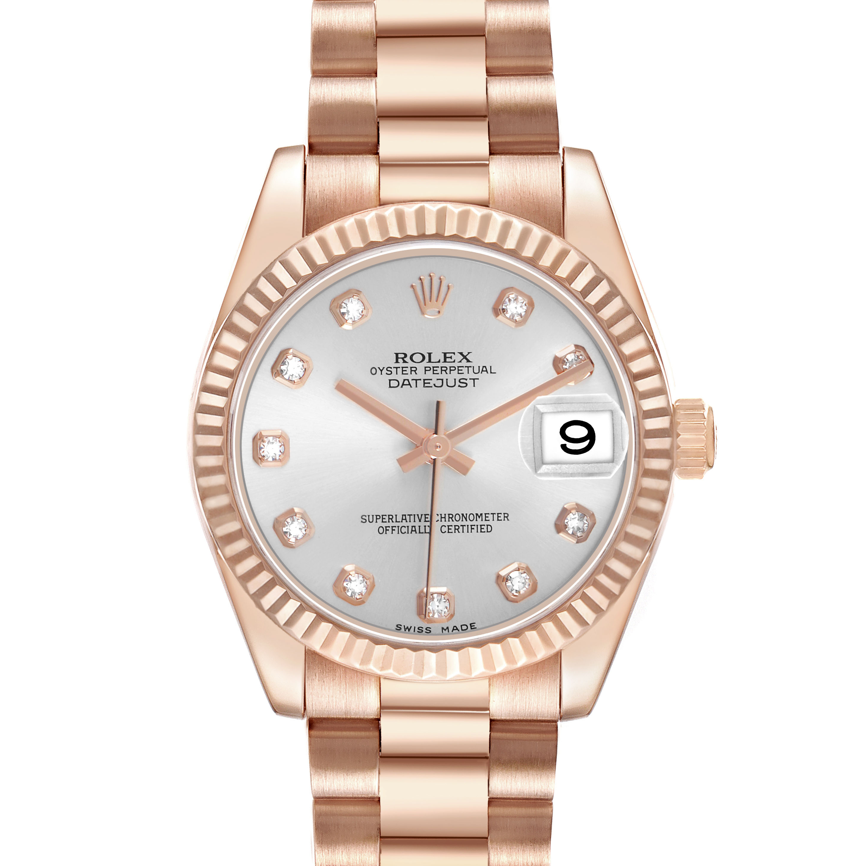 The image shows a front view of the Rolex President 178275 Women's Rose Gold Silver Dial model watch, highlighting the dial, hands, and bracelet.