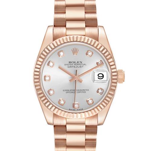 The image shows a front view of the Rolex President 178275 Women's Rose Gold Silver Dial watch focusing on the dial, bezel, and bracelet.