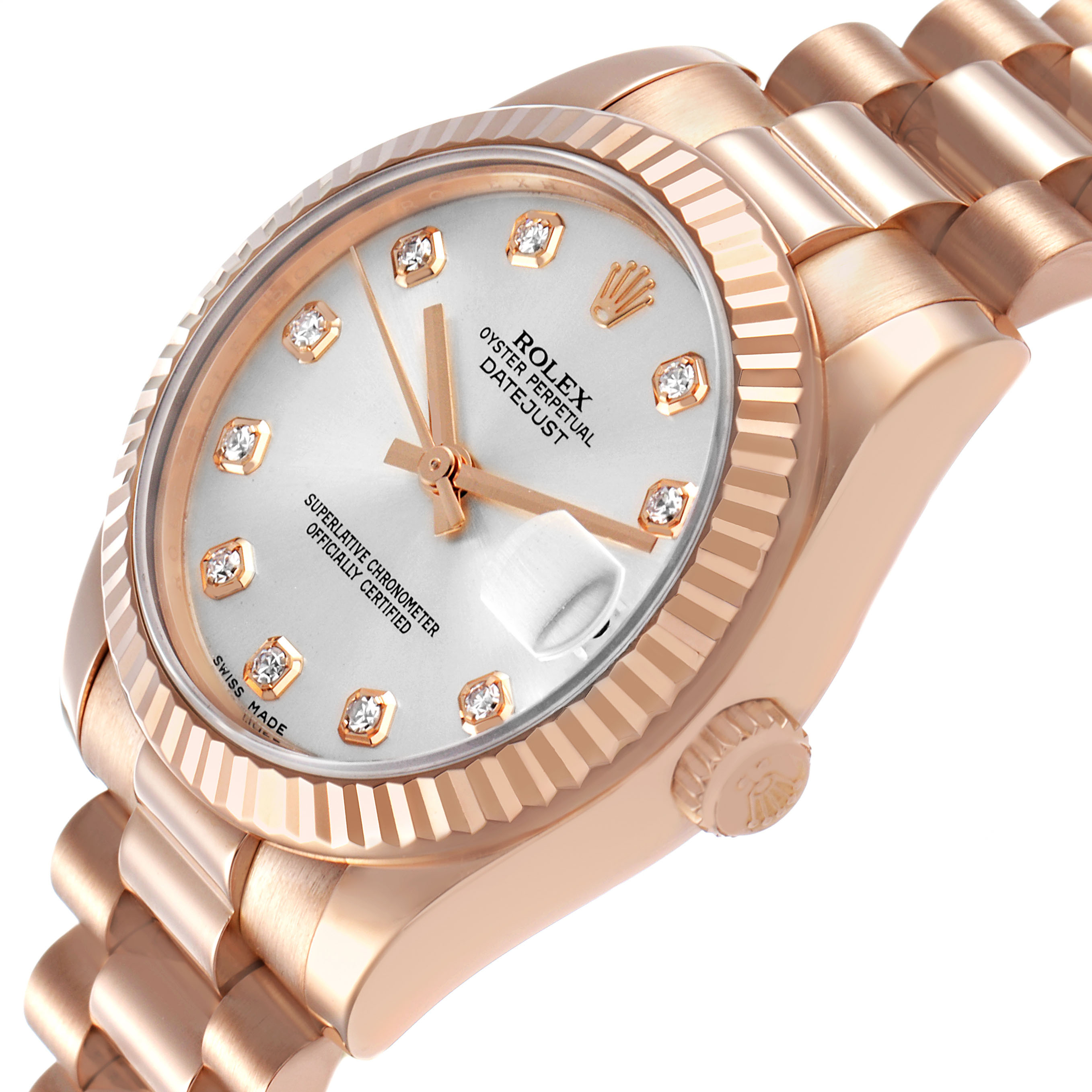 The Rolex President 178275 Women's Rose Gold Silver Dial watch is shown at an angle highlighting the dial, case, crown, and bracelet.