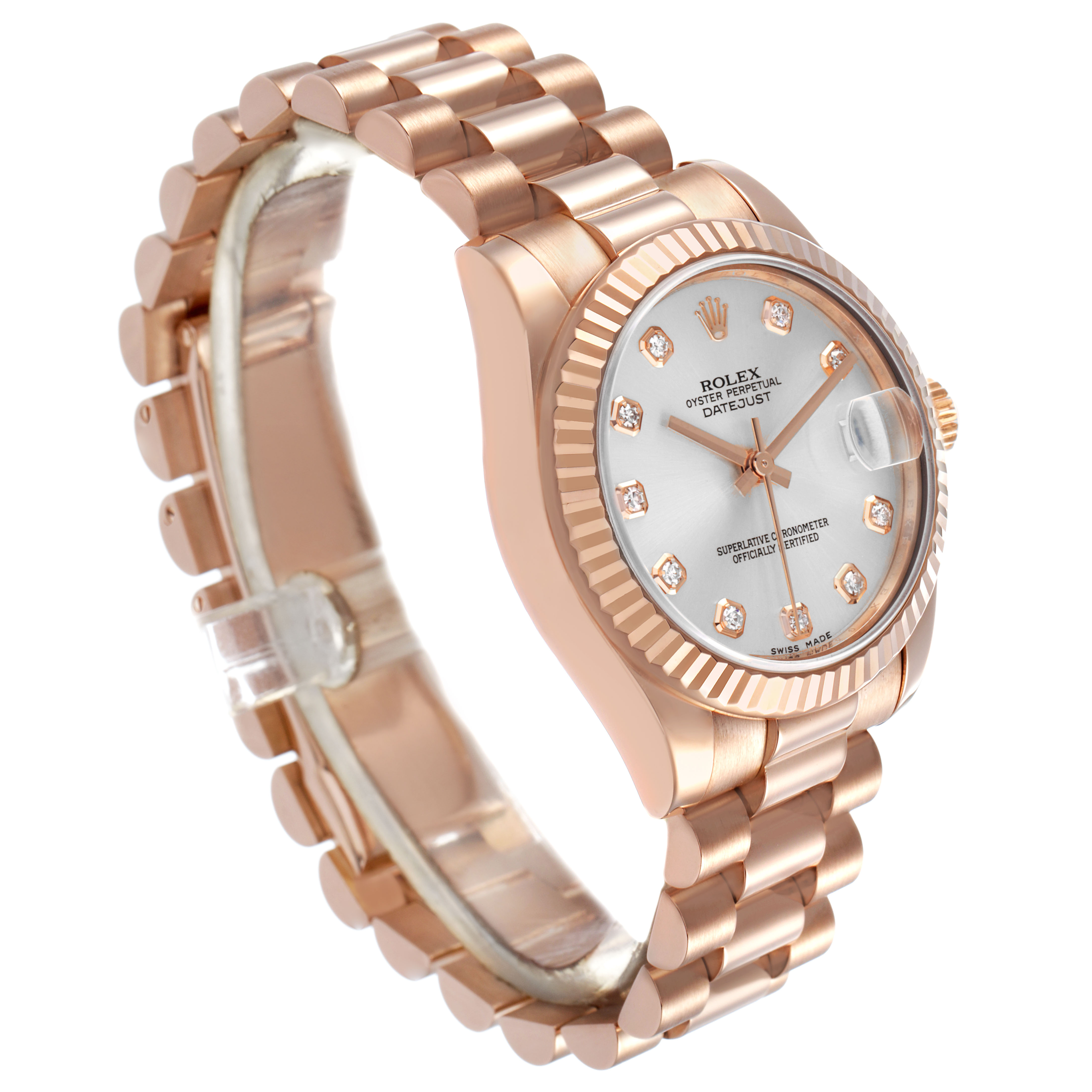 The image shows a side angle of a Rolex President 178275 Women's Rose Gold Silver Dial model, displaying the dial and bracelet.