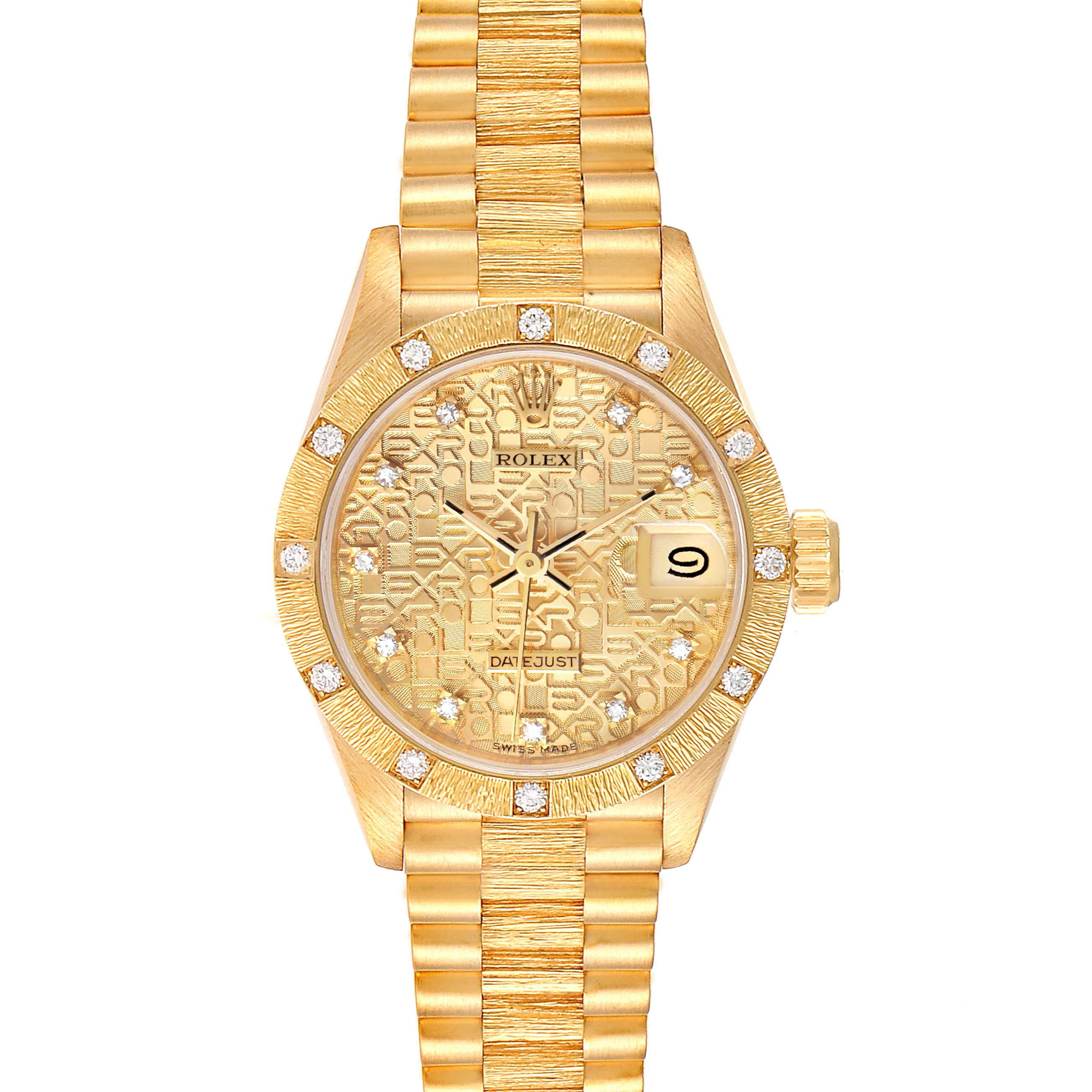 This image shows the face and bracelet of a Rolex President 69288 Women
s Yellow Gold Champagne Dial 69288 Women
s Yellow Gold Champagne Dial model watch, with a gold finish and diamond hour markers.