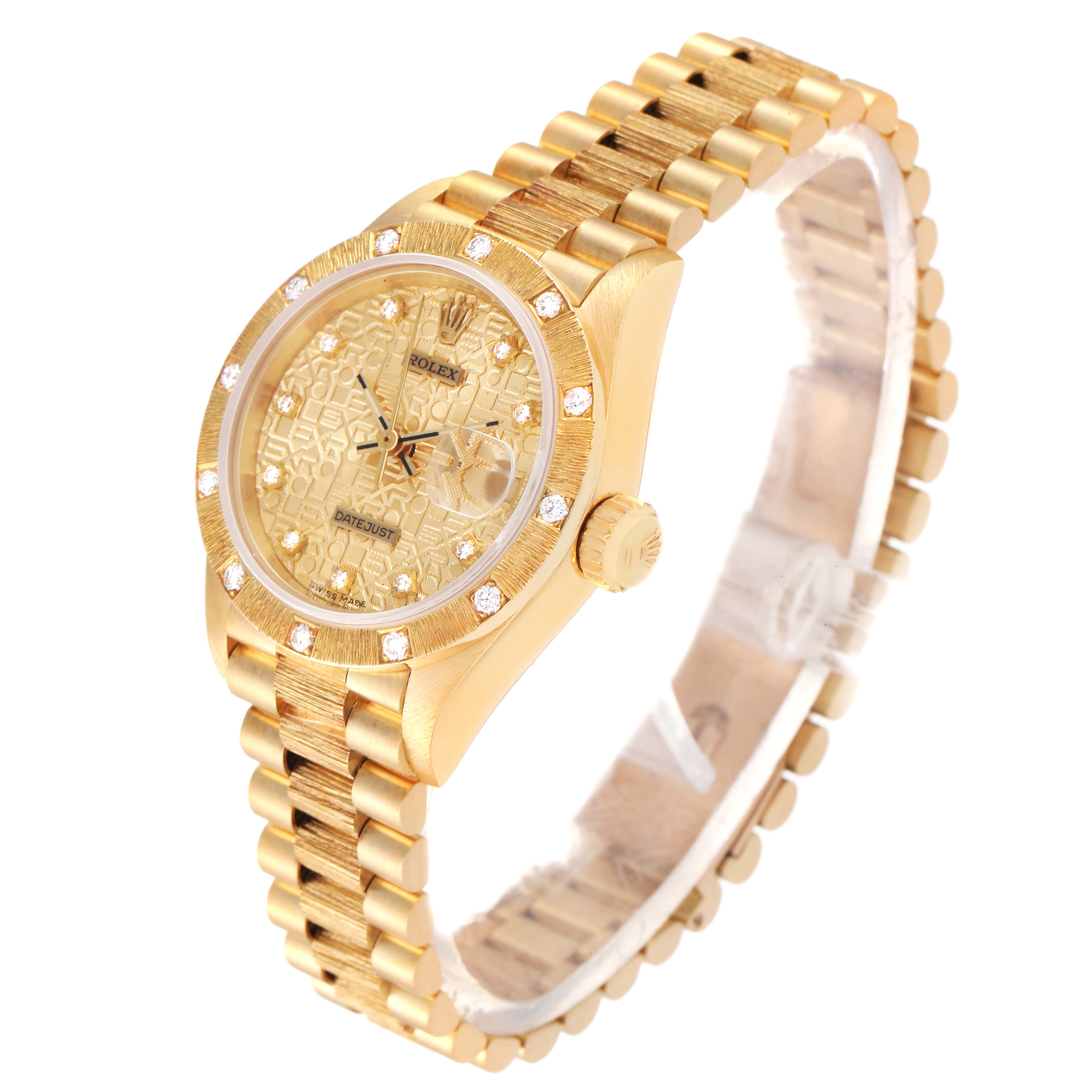 The image shows a Rolex President 69288 Women
s Yellow Gold Champagne Dial 69288 Women
s Yellow Gold Champagne Dial model watch from an angled view, highlighting the dial, bezel, bracelet, and crown.
