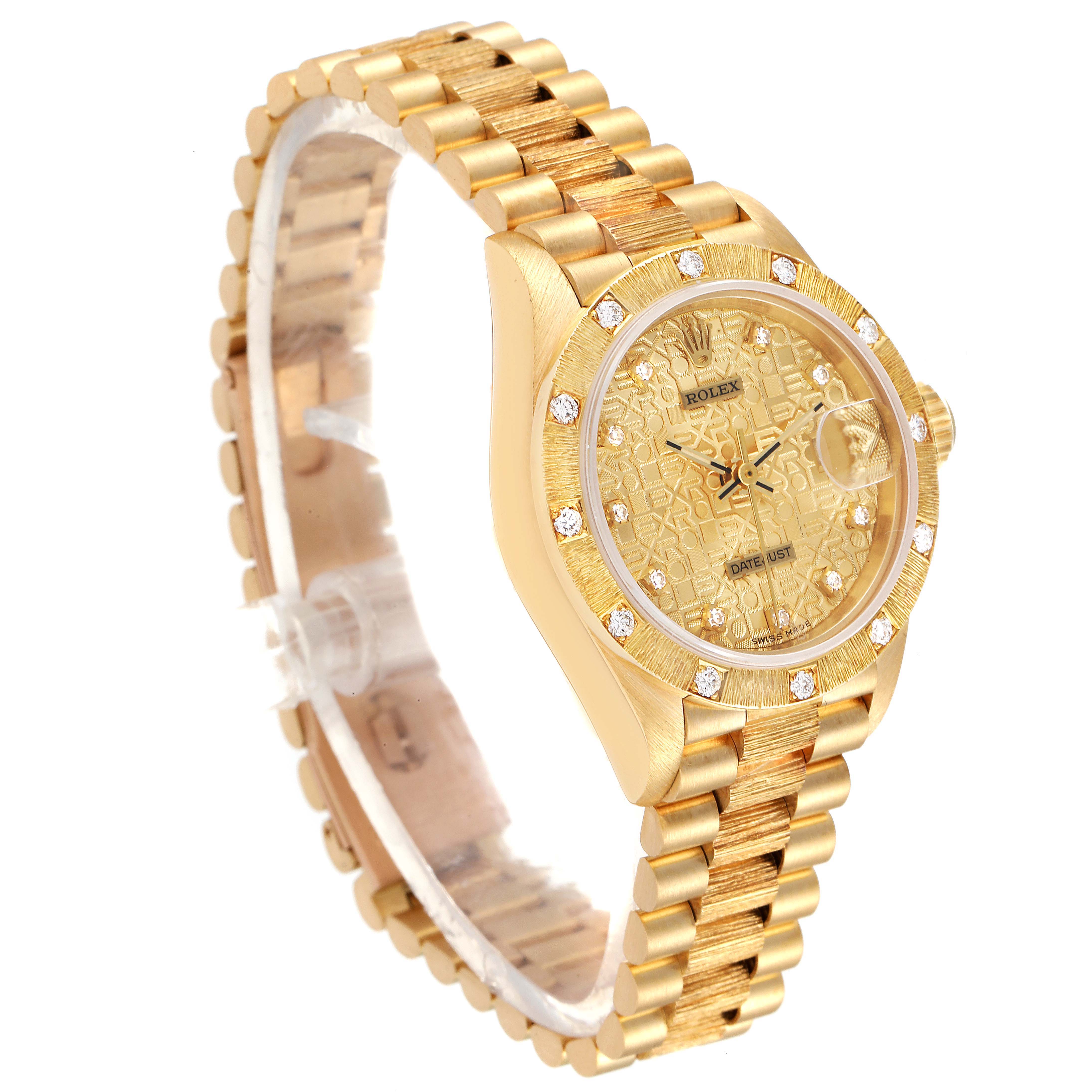 The image shows a gold Rolex President 69288 Women
s Yellow Gold Champagne Dial 69288 Women
s Yellow Gold Champagne Dial model watch, viewed at a slight angle, featuring the face, bezel, and bracelet.