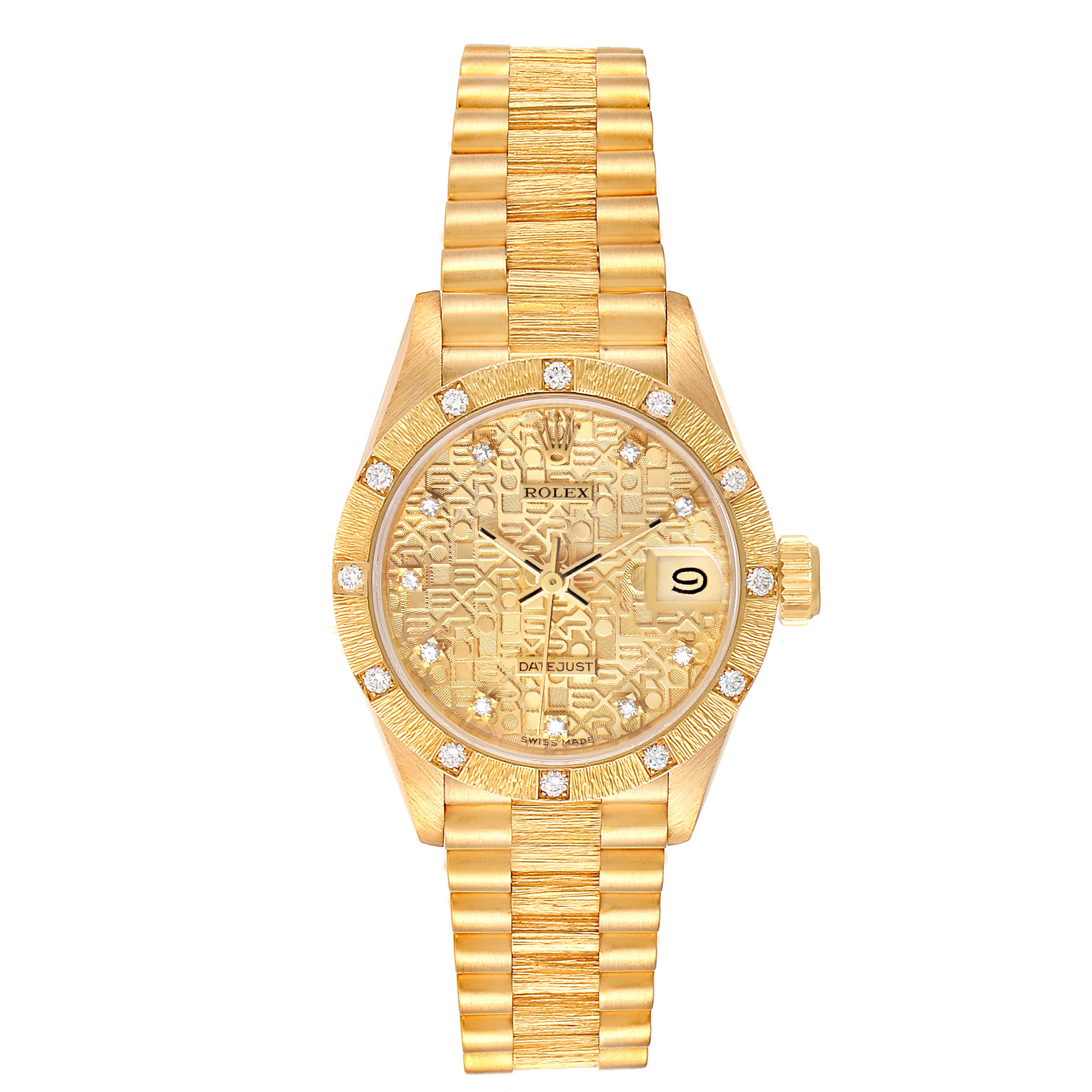 The Rolex President 69288 Women
s Yellow Gold Champagne Dial 69288 Women
s Yellow Gold Champagne Dial model watch is shown from the front, displaying the dial, bezel, bracelet, hands, and date aperture.