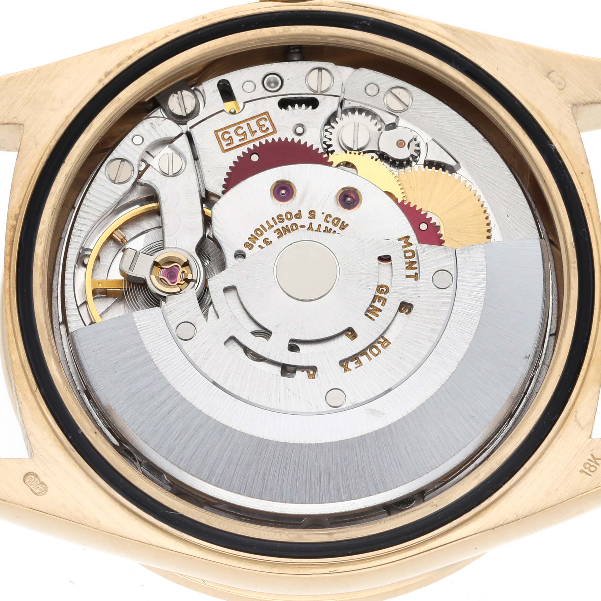 The image shows the internal movement mechanism of a Rolex President 18308 Men
s Yellow Gold Champagne Dial 18308 Men
s Yellow Gold Champagne Dial model from a rear angle.
