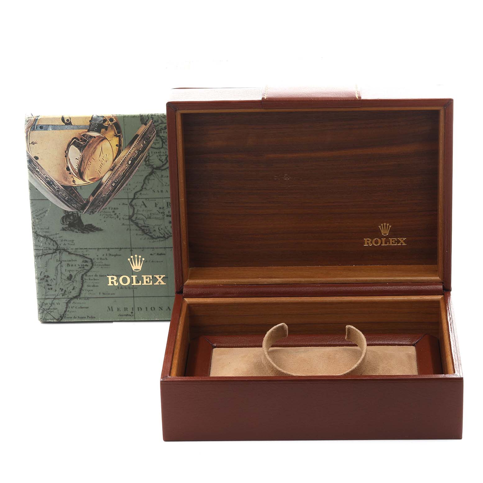 The image shows an empty Rolex watch box and an outer box, likely for the President model.