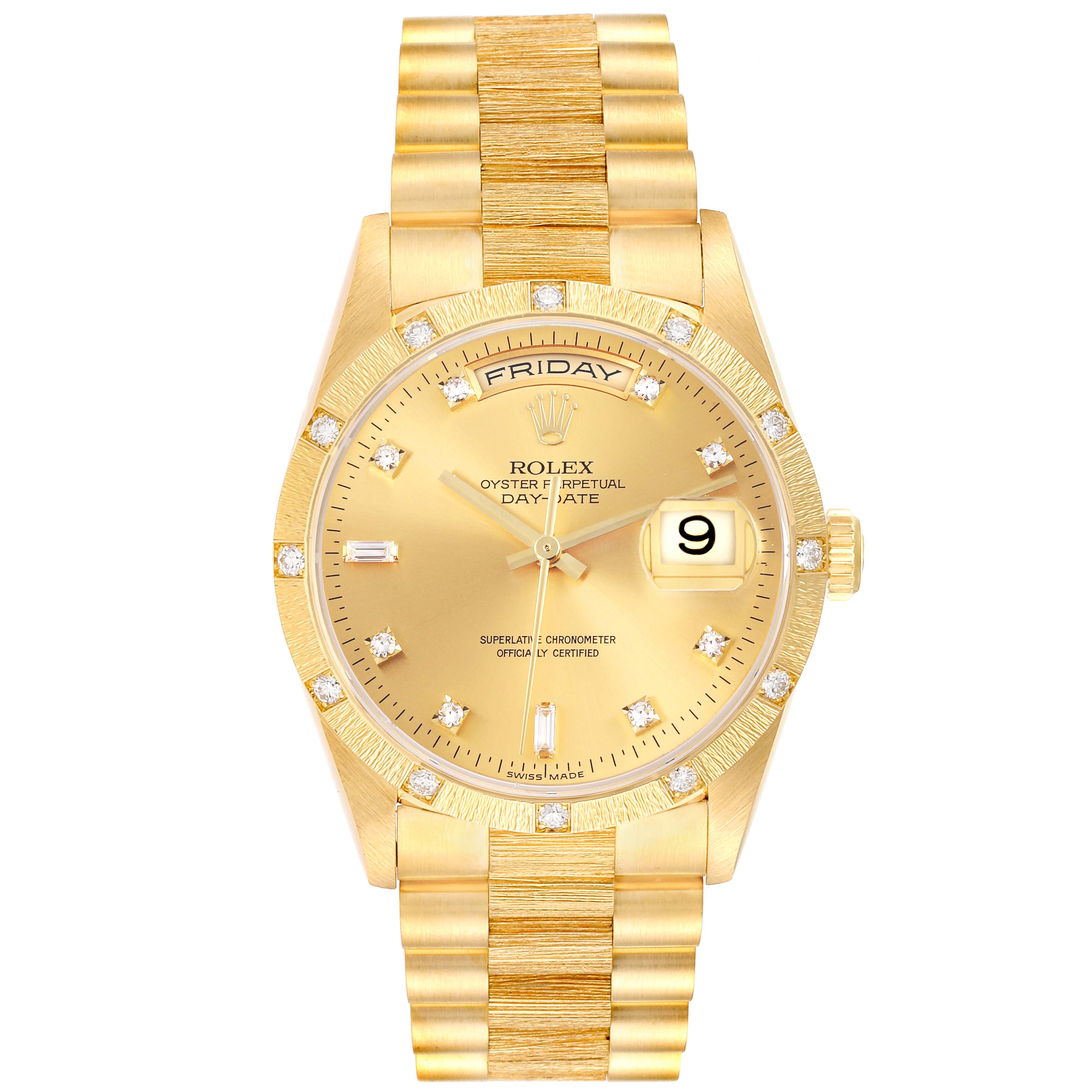 The image shows a front view of the Rolex President 18308 Men
s Yellow Gold Champagne Dial 18308 Men
s Yellow Gold Champagne Dial watch, highlighting the dial, bracelet, and crown.