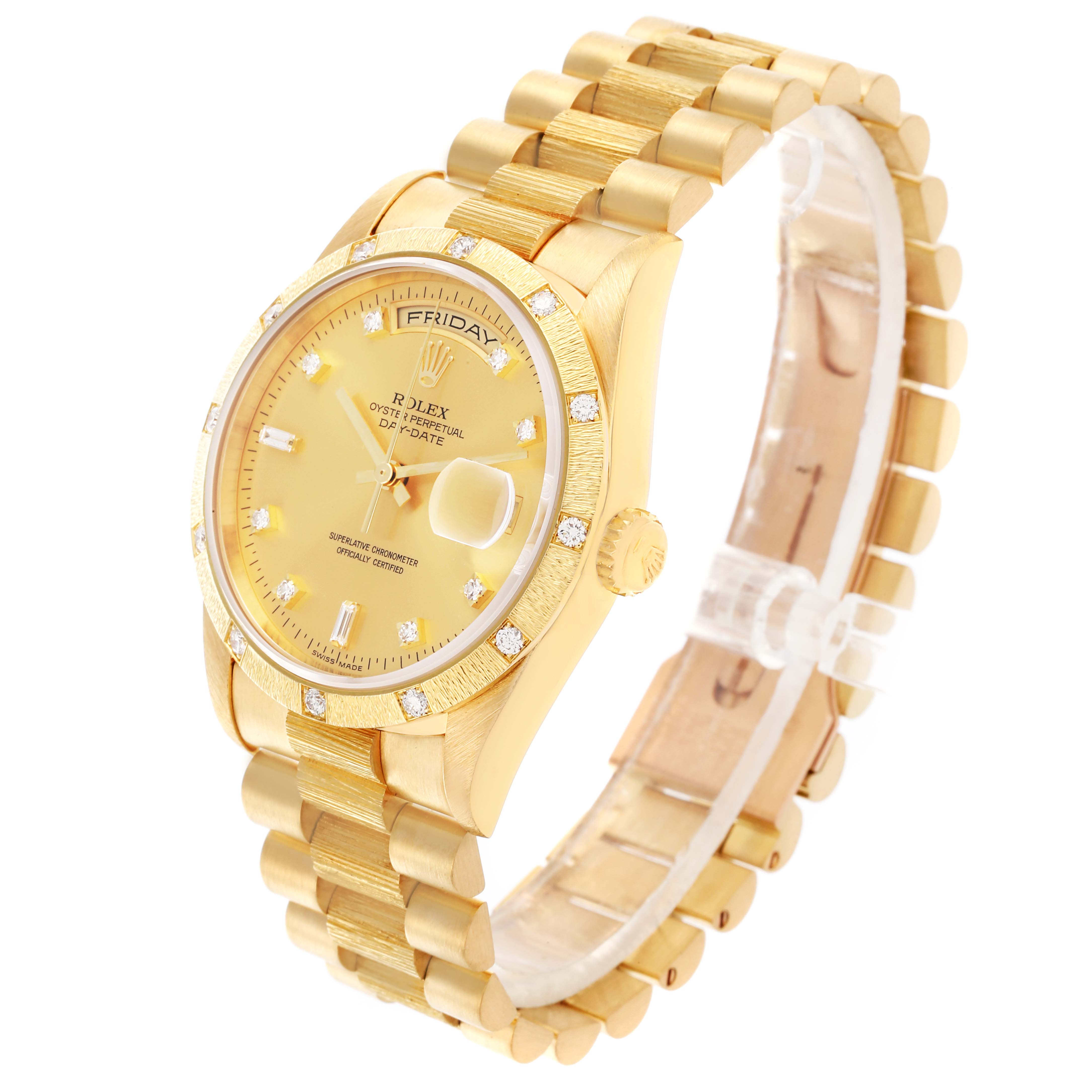 The Rolex President 18308 Men
s Yellow Gold Champagne Dial 18308 Men
s Yellow Gold Champagne Dial watch is shown at a slight angle, highlighting the face, bezel, and bracelet.