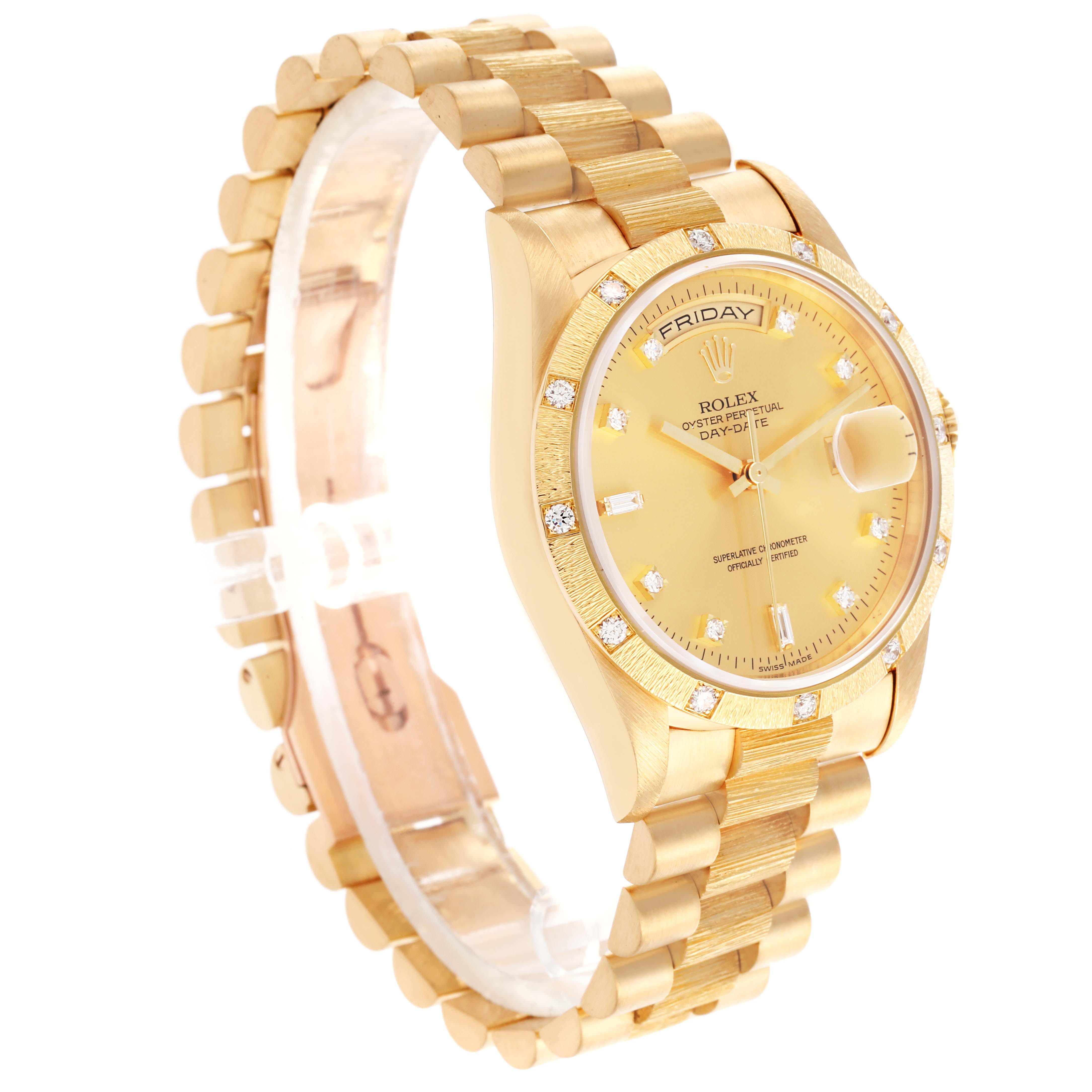 The Rolex President 18308 Men
s Yellow Gold Champagne Dial 18308 Men
s Yellow Gold Champagne Dial watch is shown at a three-quarter angle, displaying the dial, bezel, and bracelet.