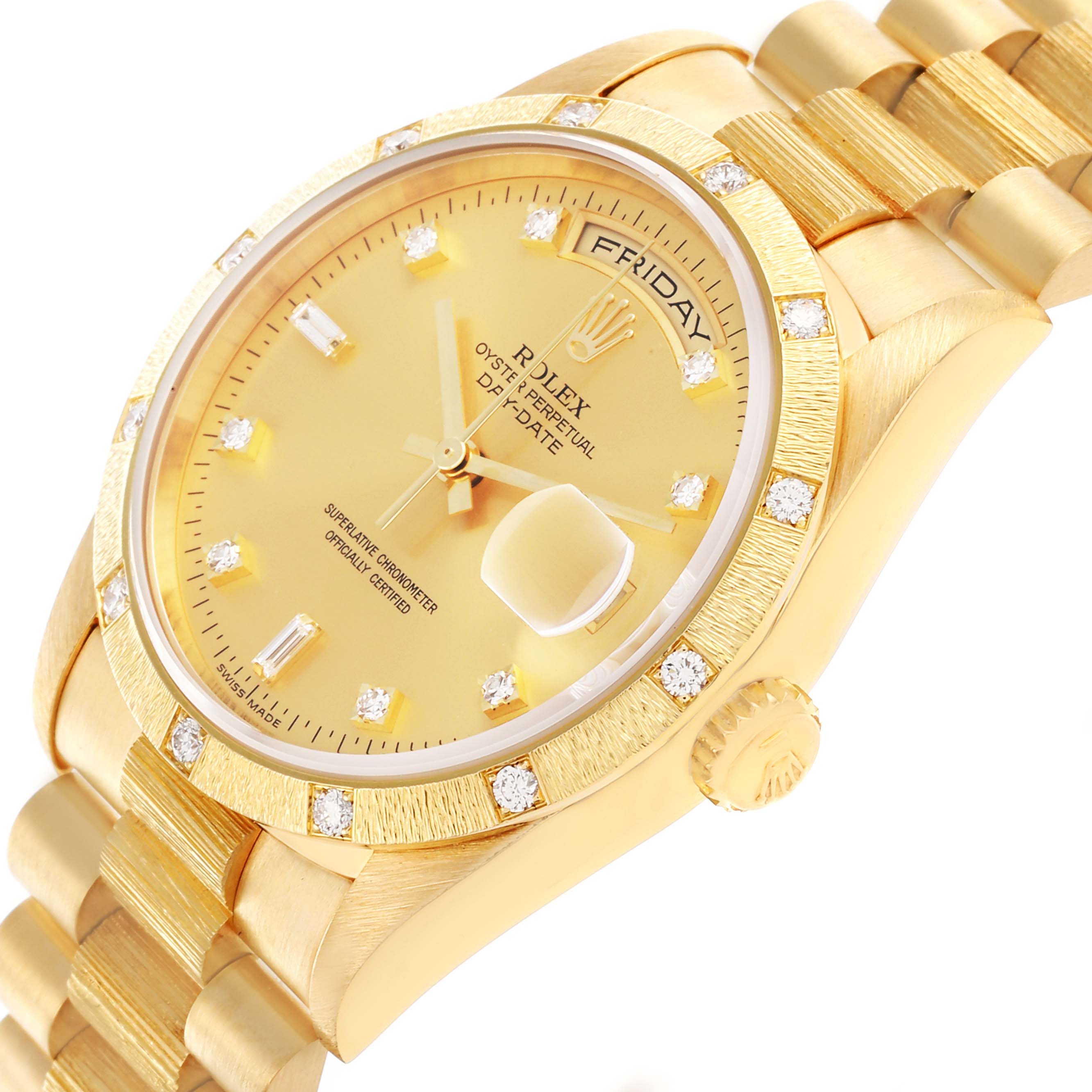 The Rolex President 18308 Men
s Yellow Gold Champagne Dial 18308 Men
s Yellow Gold Champagne Dial watch is shown at an angled side view, highlighting the face, bezel, and part of the bracelet.