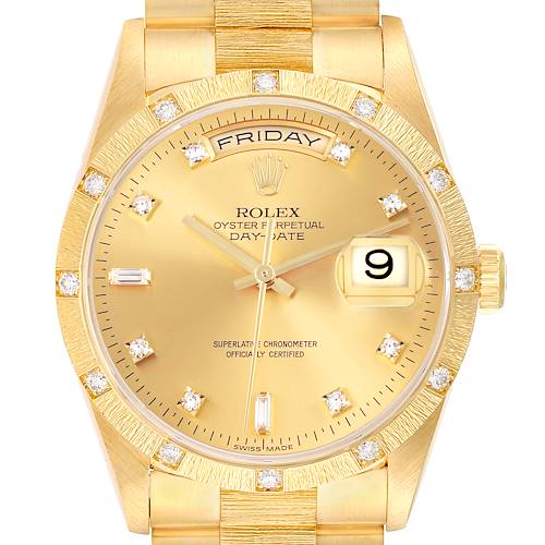 The Rolex President model is shown from the front, highlighting the gold dial, diamond hour markers, and day-date feature.