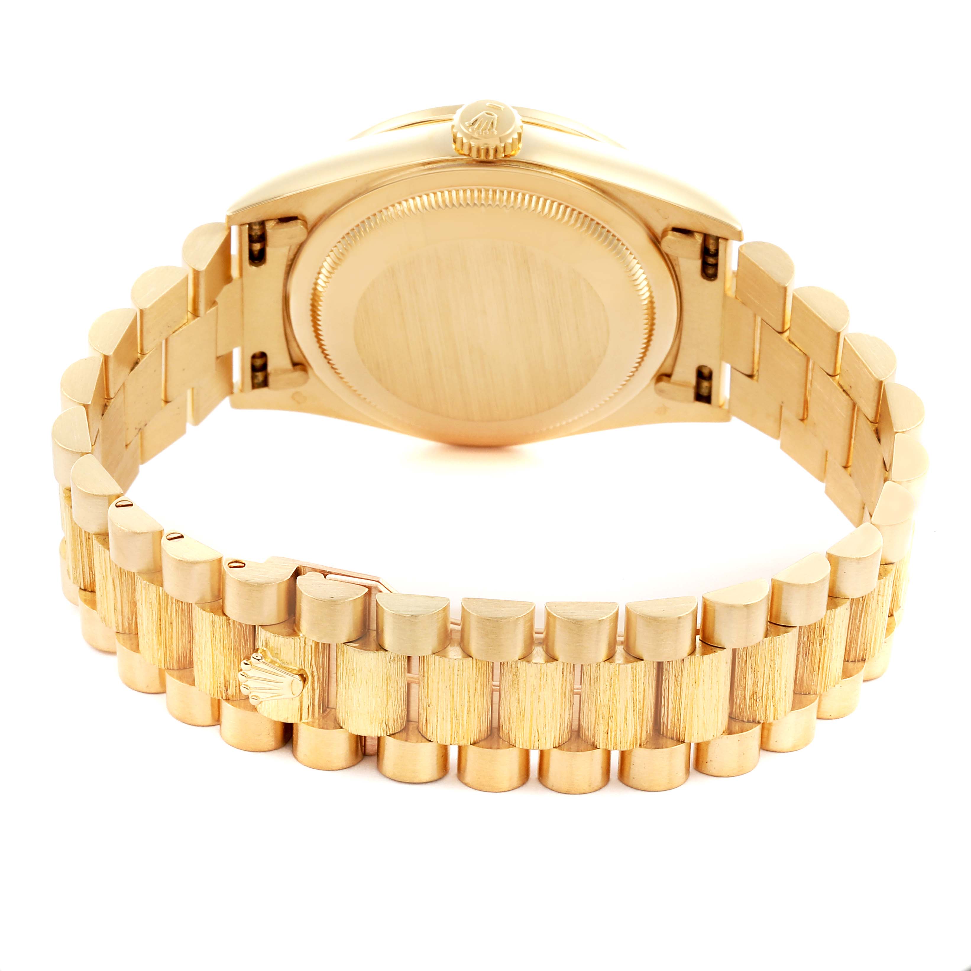 The image shows the Rolex President 18308 Men
s Yellow Gold Champagne Dial 18308 Men
s Yellow Gold Champagne Dial watch from the back, highlighting the bracelet and case back.