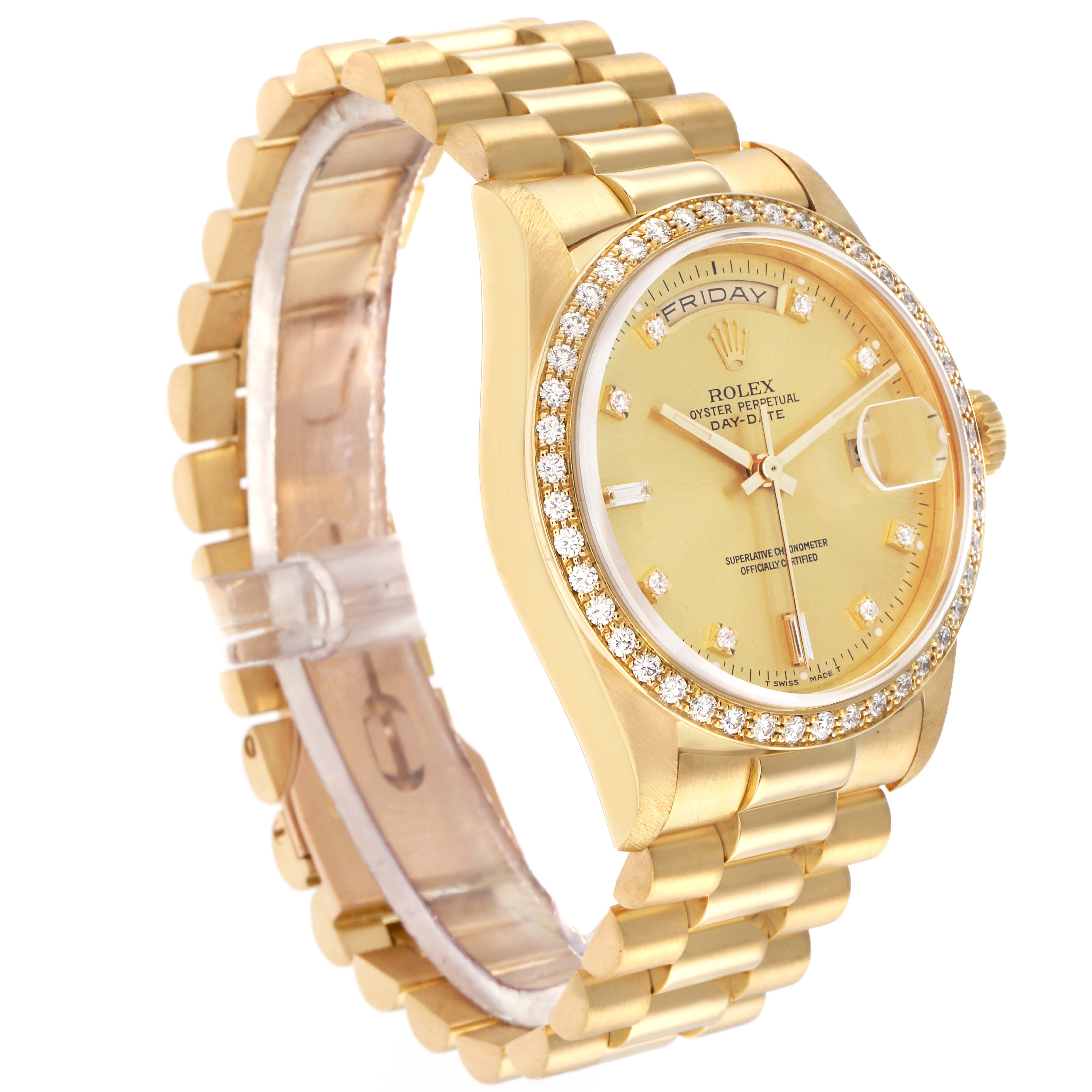 The Rolex President 18348 Men
s Yellow Gold Champagne Dial model watch is shown at a slight angle, highlighting its face, bezel, bracelet, and crown.