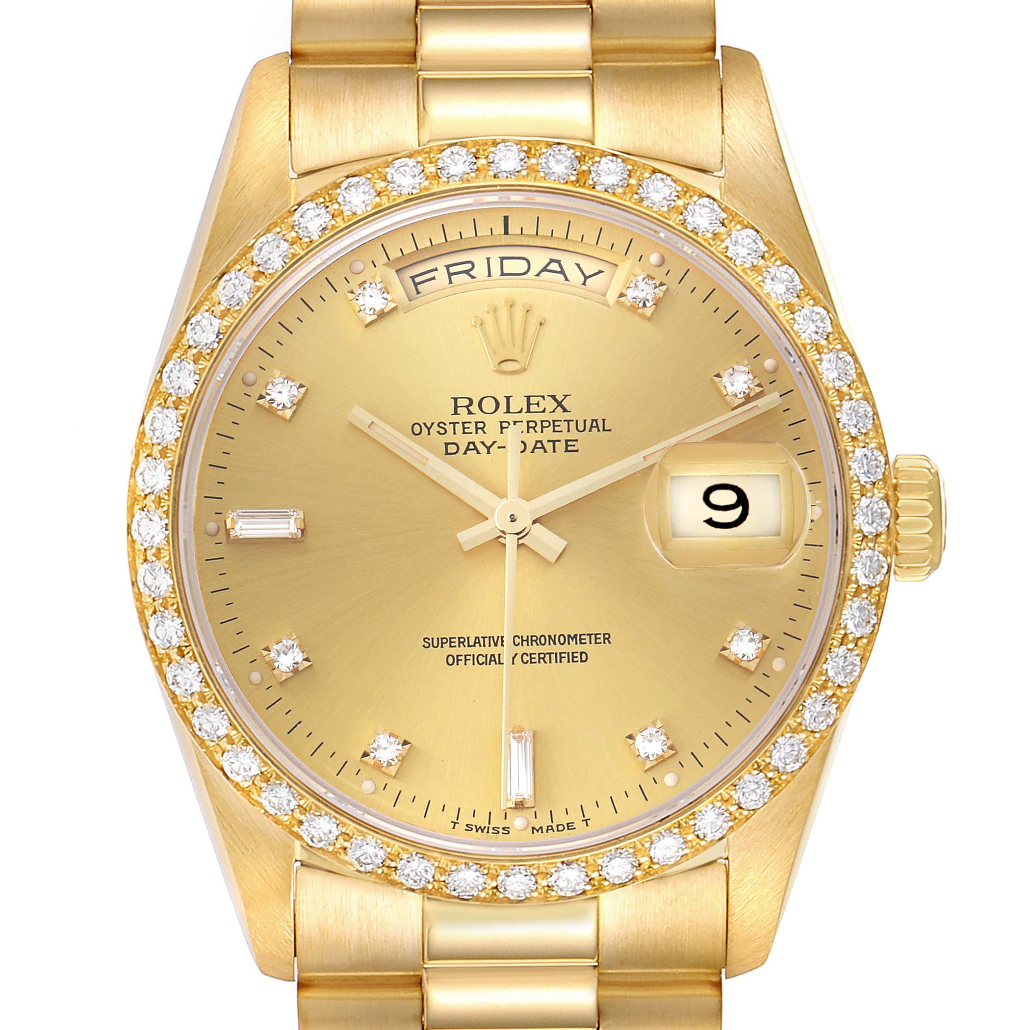 The image shows a front view of a Rolex President 18348 Men
s Yellow Gold Champagne Dial model watch, highlighting the gold dial, diamond bezel, and day-date feature.