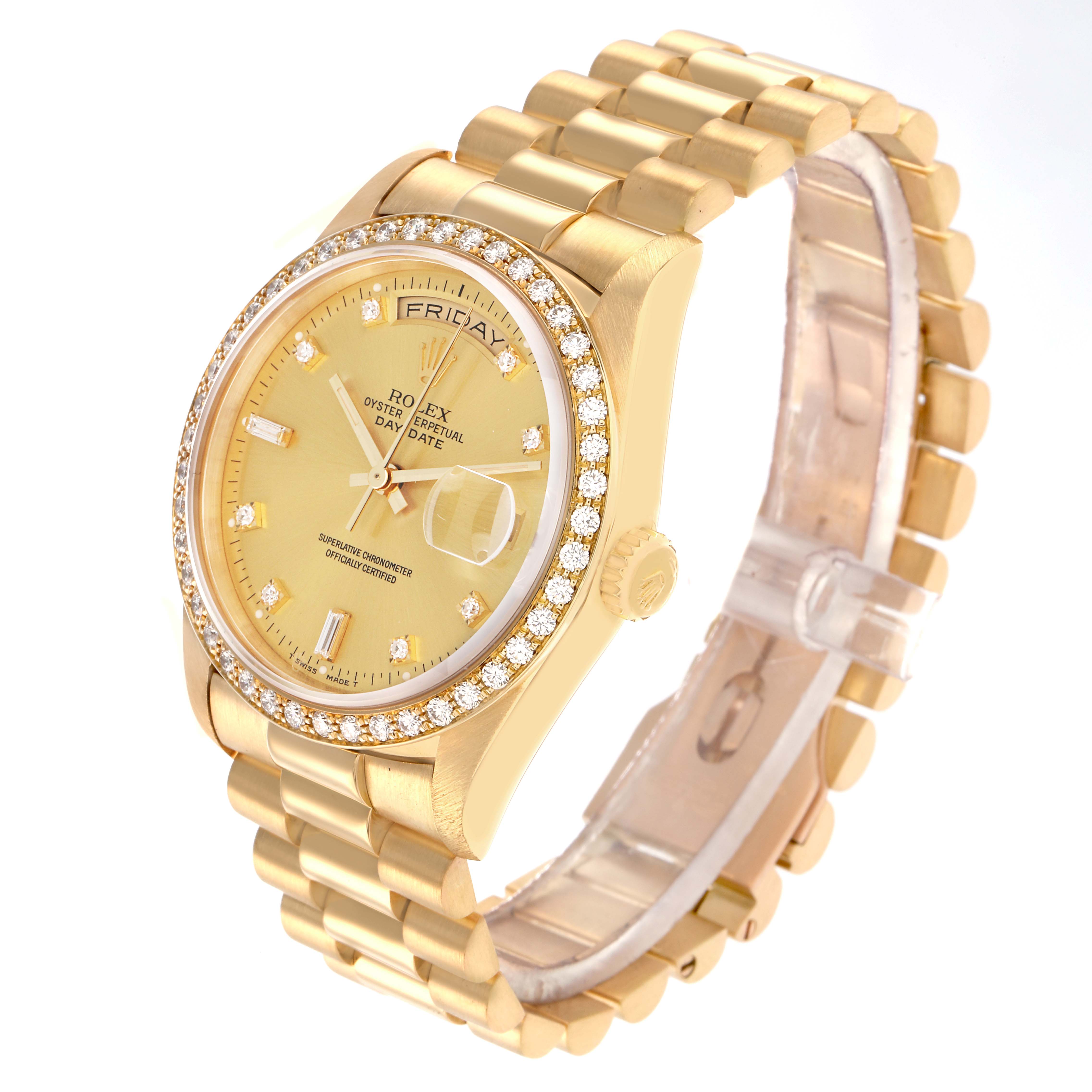 The Rolex President 18348 Men
s Yellow Gold Champagne Dial model is shown at a three-quarter angle, displaying the face, bezel, and bracelet.