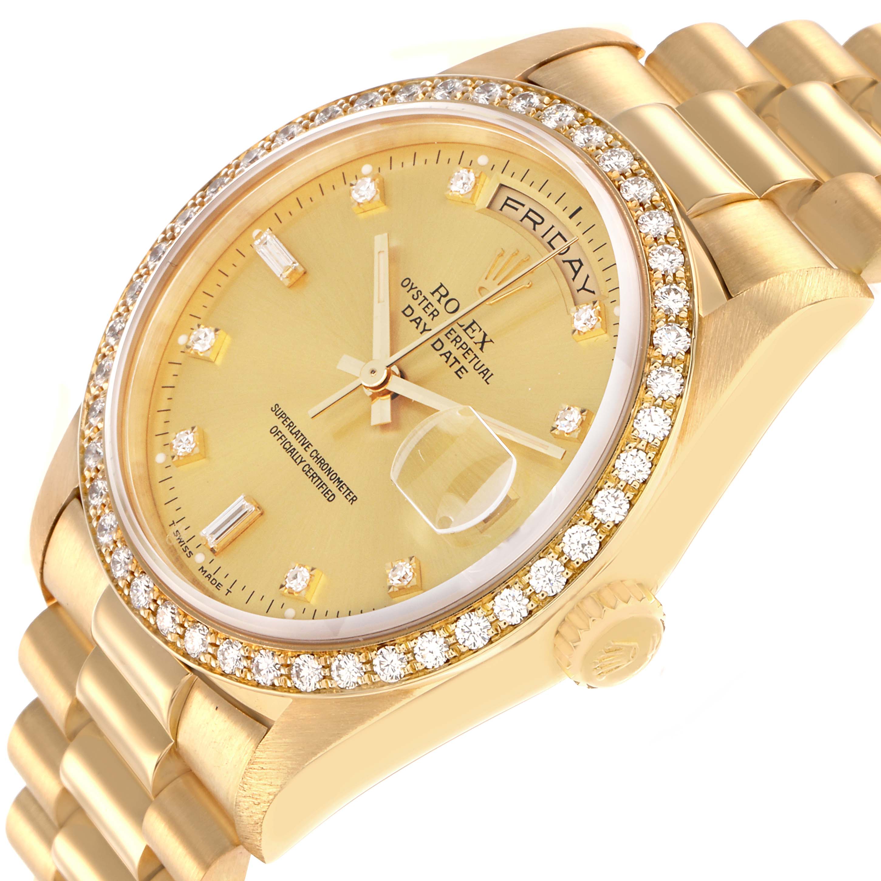 The Rolex President 18348 Men
s Yellow Gold Champagne Dial model is shown at an oblique angle, highlighting its diamond bezel, face, crown, and bracelet.